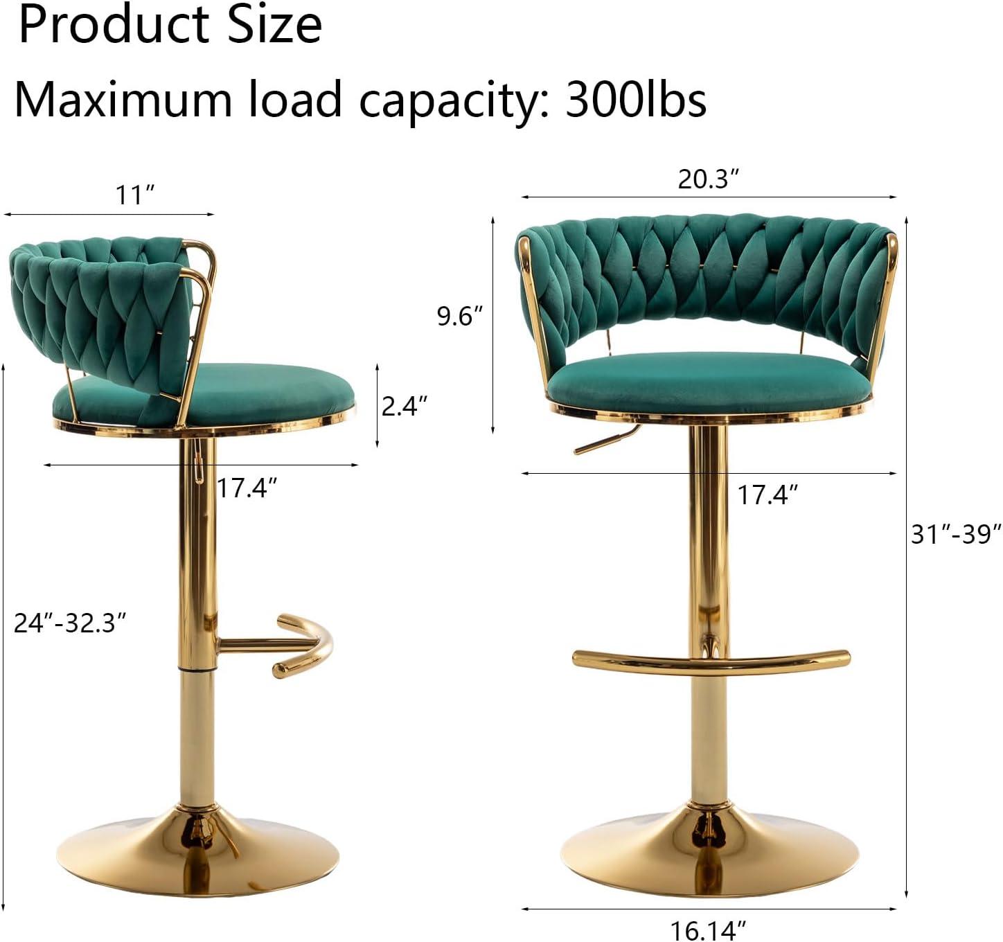 Emerald Green Velvet Adjustable Swivel Bar Stools with Gold Base, Set of 2