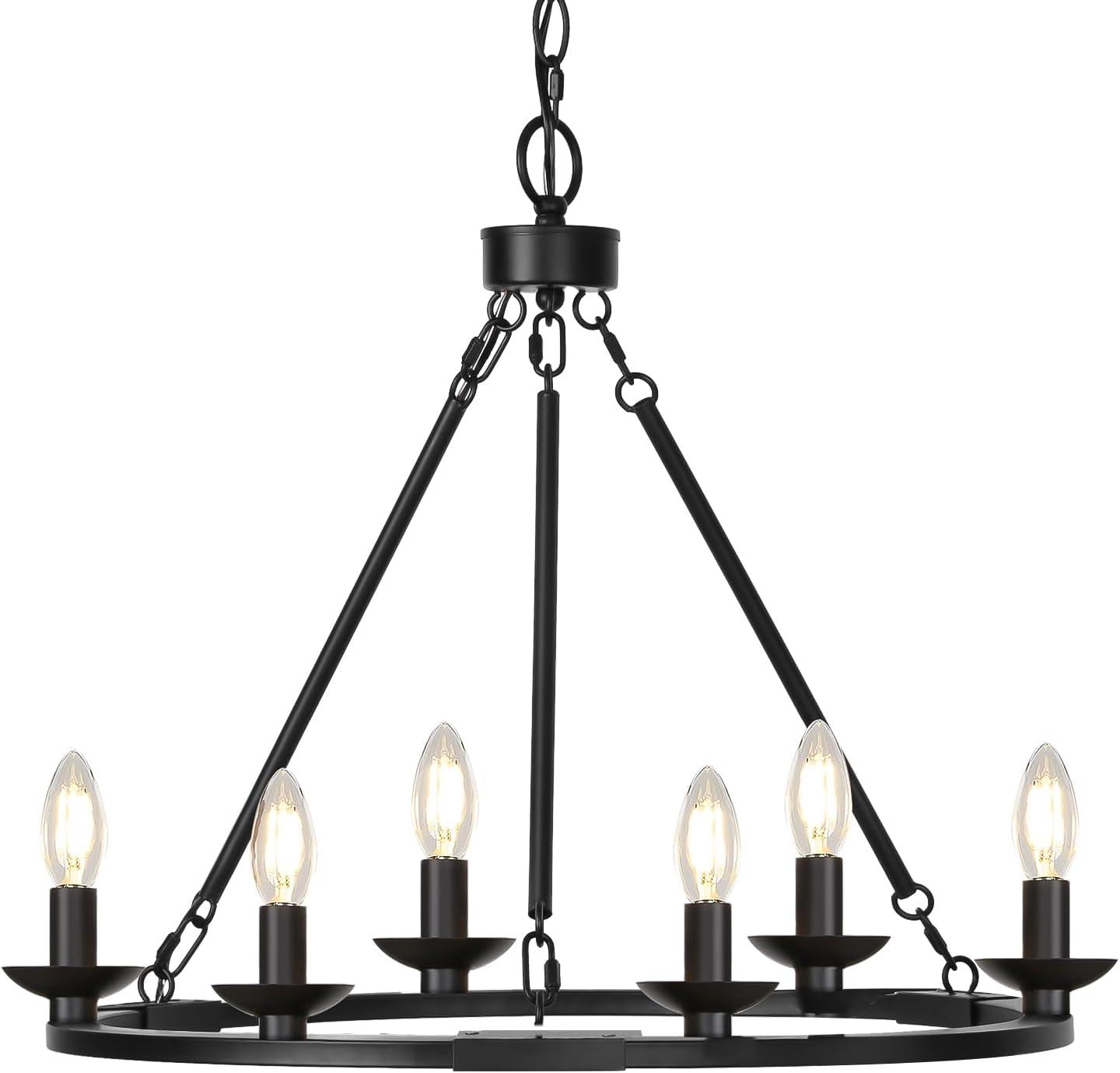 Black Farmhouse Wagon Wheel Candle Style Chandelier with Hemp Rope