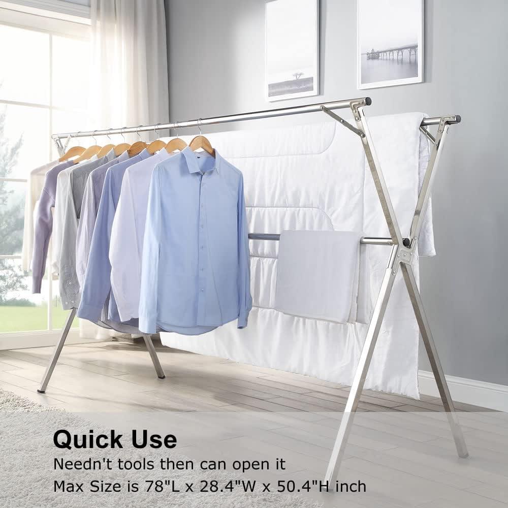 Clothes Drying Rack for Laundry Foldable,Stainless Steel Laundry Drying Rack for Indoor Outdoor,Foldable Easy Storage Clothes Rack for Drying, Garment Rack Space Saving, 63 Inches