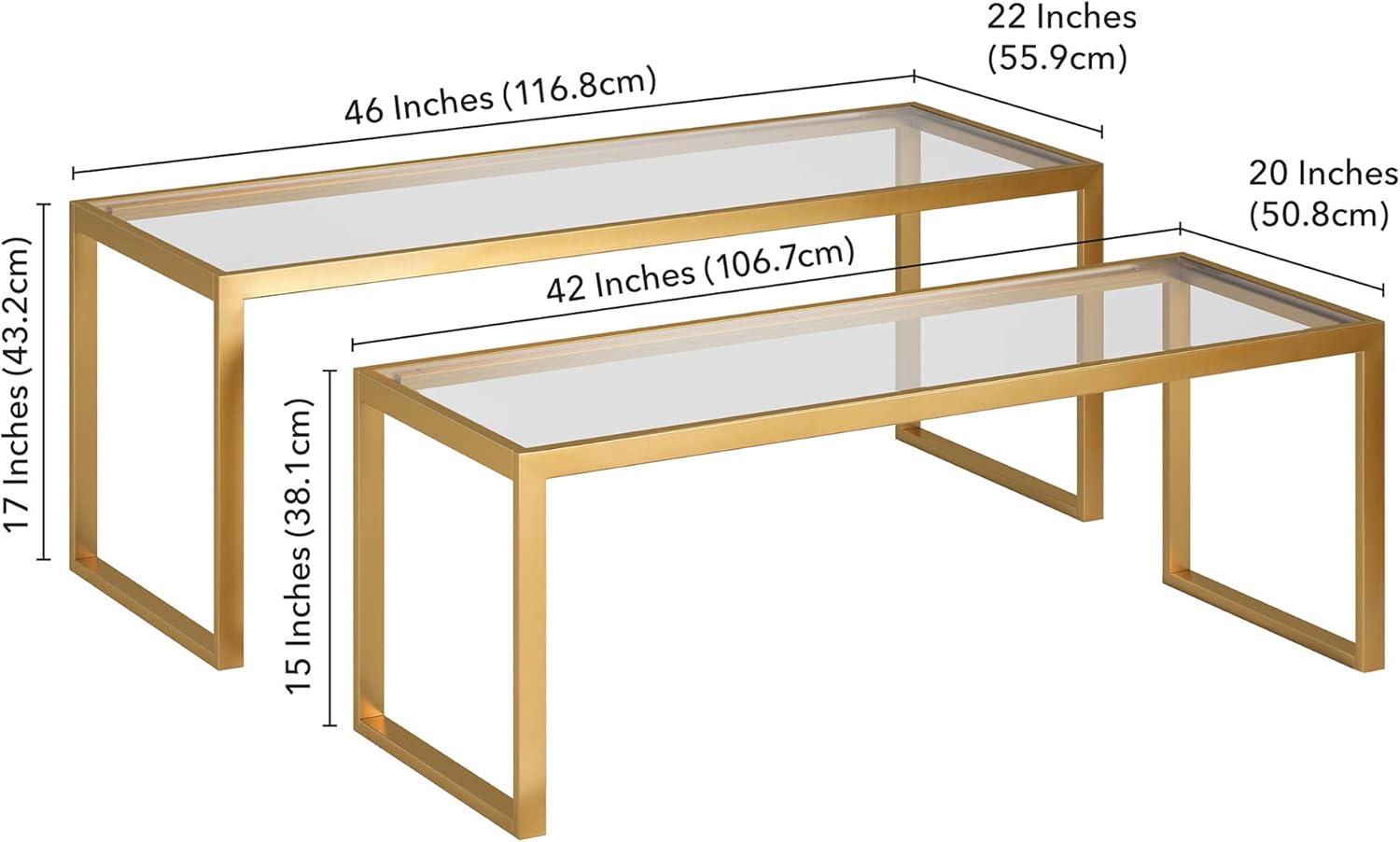 Rectangular Brass and Glass Nesting Coffee Table Set