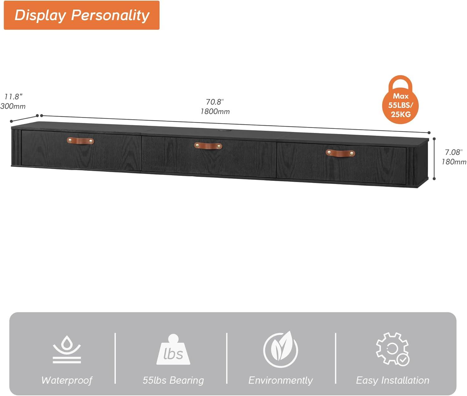 WAMPAT 70 inch Floating TV Shelf for Under TV, Floating TV Stand for 75 TVs, Wall Mount Media Console TV Stand with Storage for Living Room,Bedroom, Black