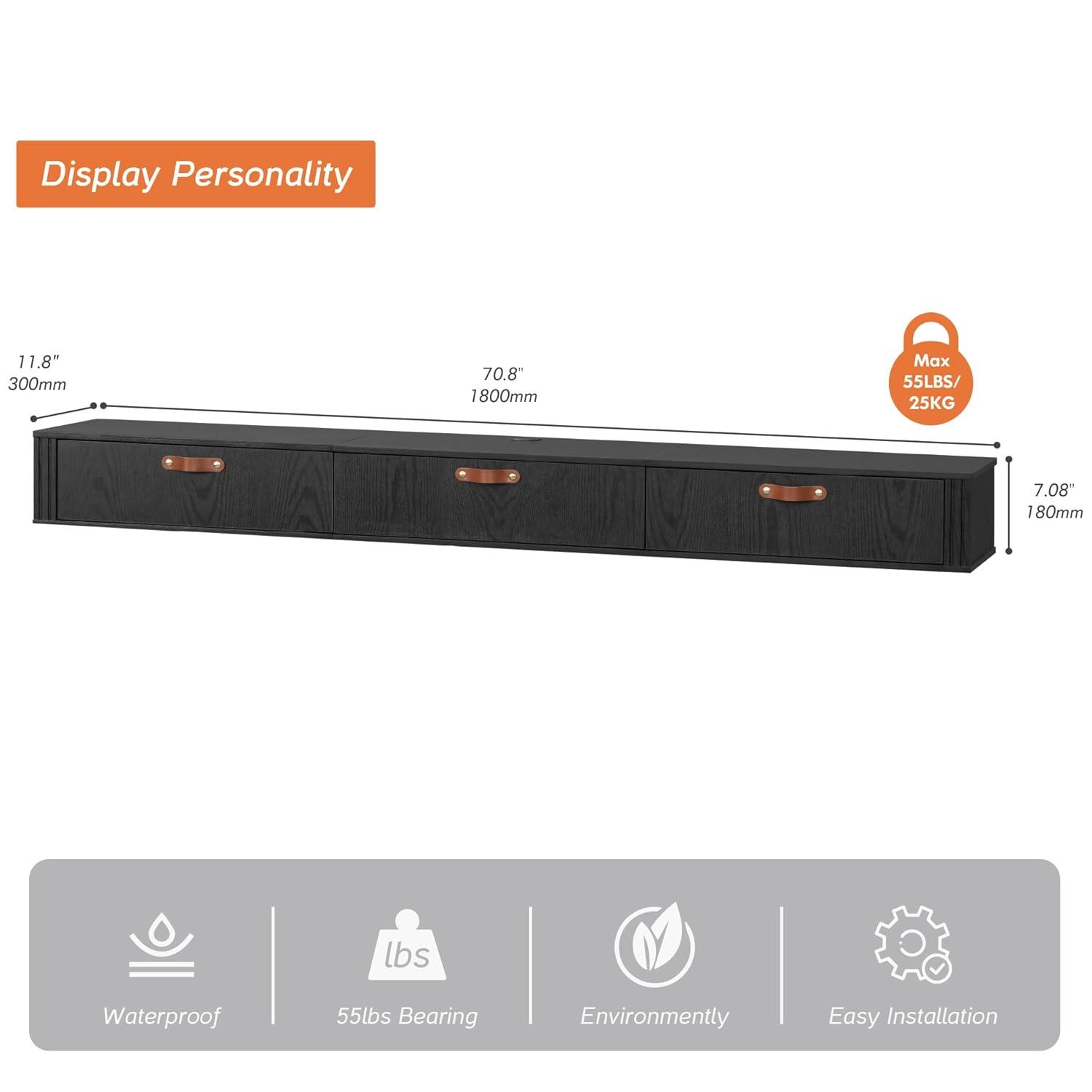 WAMPAT 70 inch Floating TV Shelf for Under TV, Floating TV Stand for 75 TVs, Wall Mount Media Console TV Stand with Storage for Living Room,Bedroom, Black