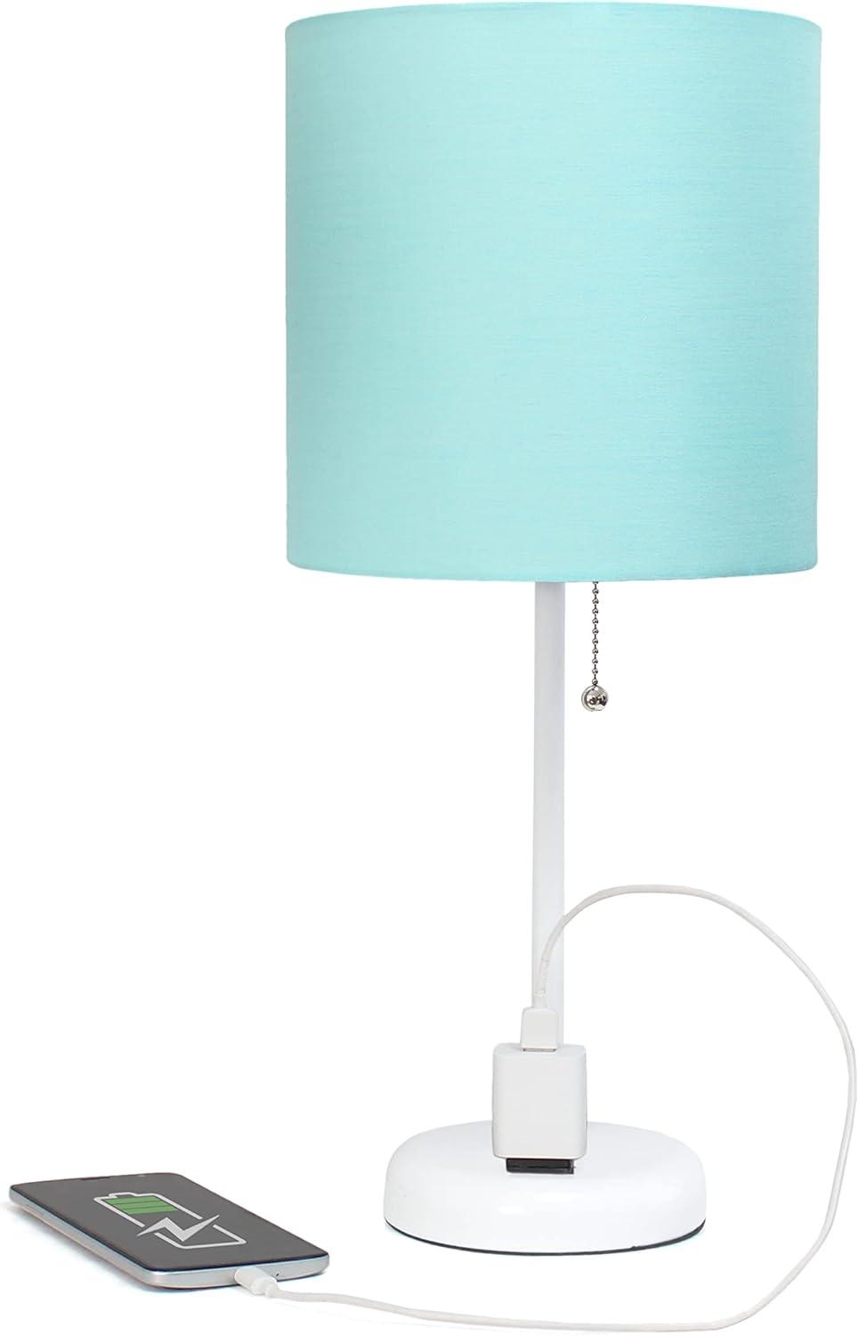 19.5" White Stick Table Lamp Set with Aqua Fabric Shades