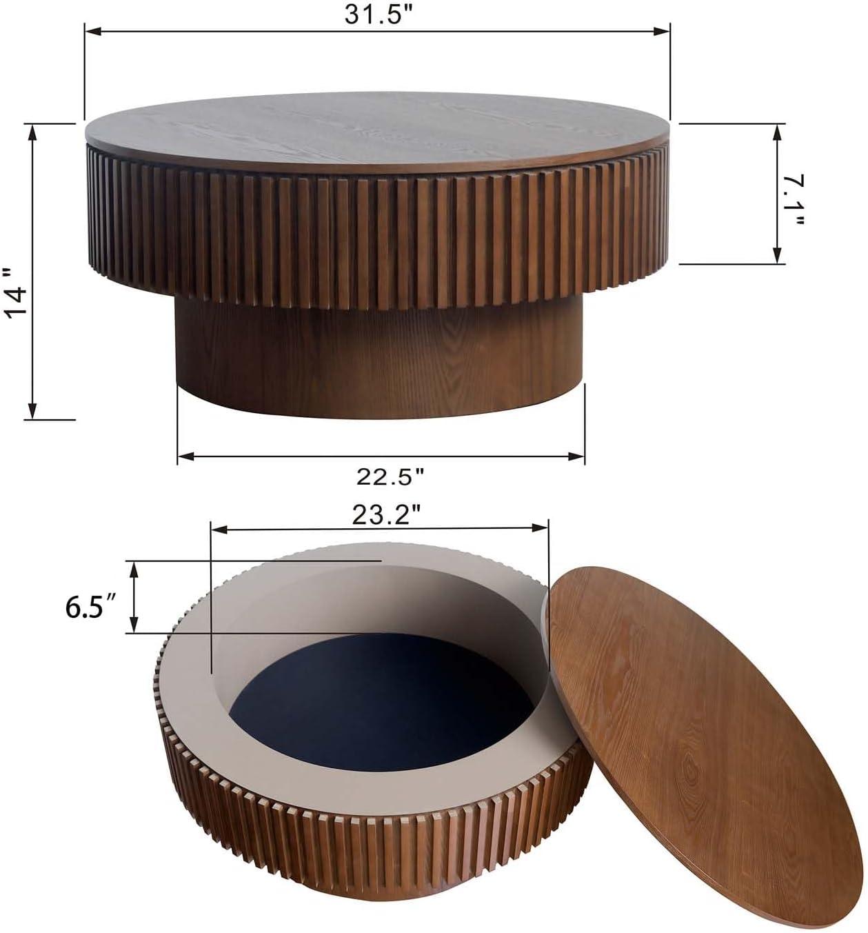 31.5" Round Wood Coffee Table with Storage - Modern Drum Circle Fluted Side Table for Apartment, Office - Easy Assembly, Walnut