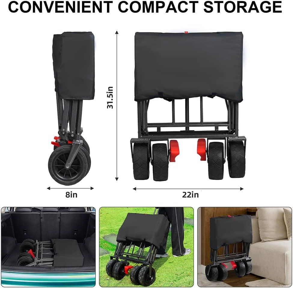 Large Collapsible Wagon Cart with Removable Canopy, Heavy Duty Folding Beach Wagon with Big Wheels, Adjustment Push Handle&Rear Brakes,Cooler Bag, Utility All-Terrain Wagon for Garden Shopping Camping