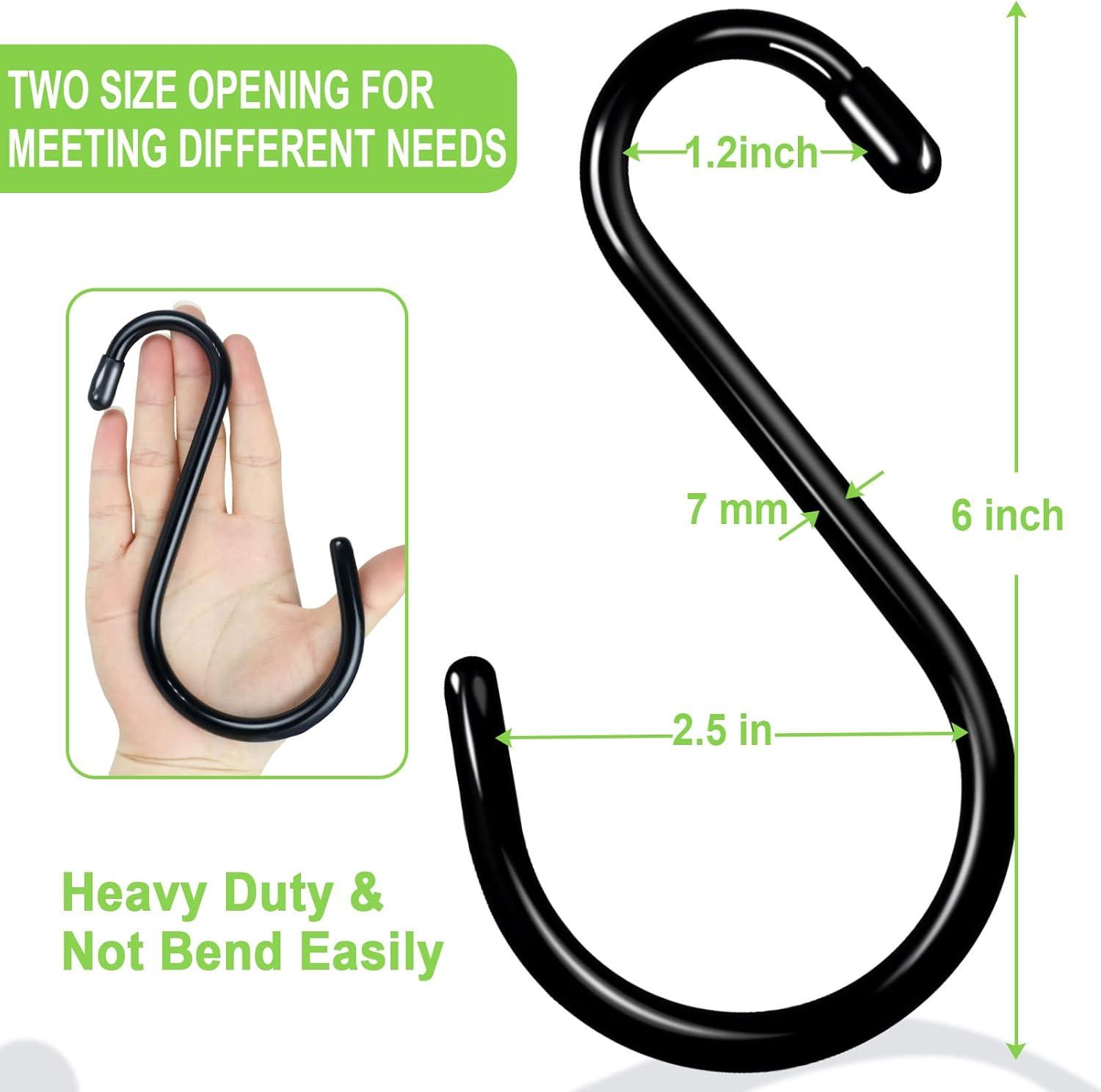 6 Inch Large S Hooks,7mm Thickness Sturdy Heavy Duty S Hooks for Hanging Plants, Non Slip Vinyl Coated Metal Black S Hooks for Clothes,Tools,Hoses,Bikes,Bird Feeders