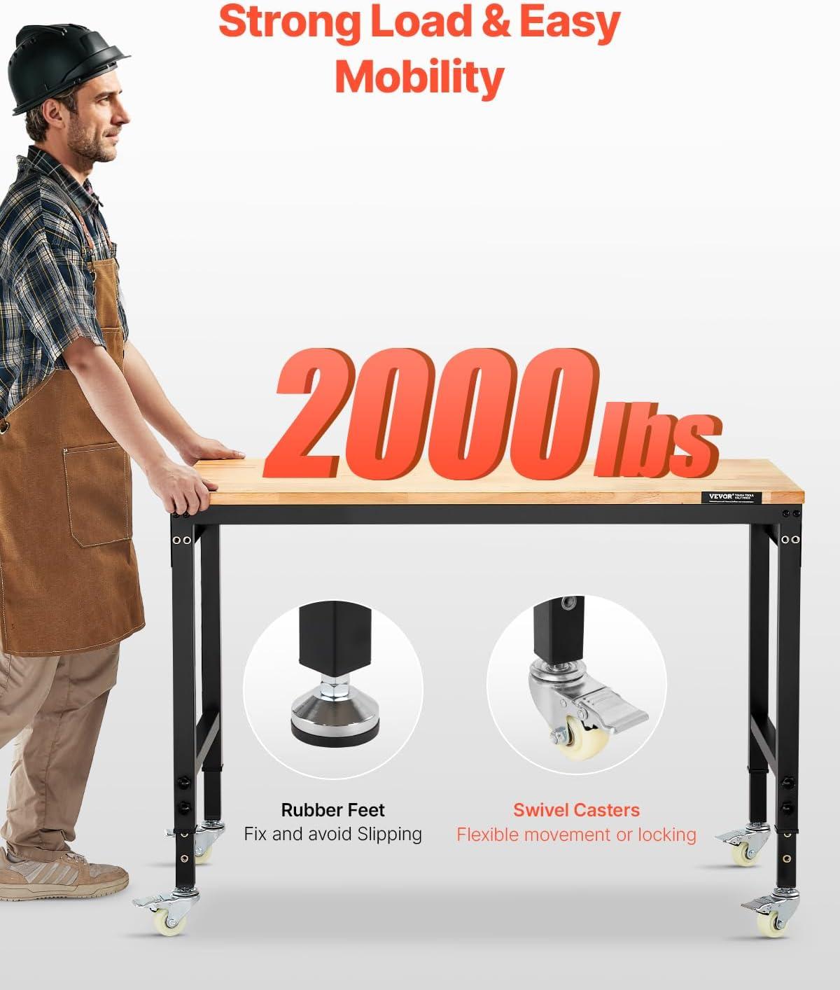 VEVOR 61'' W Wood Top Height-Adjustable Workbench