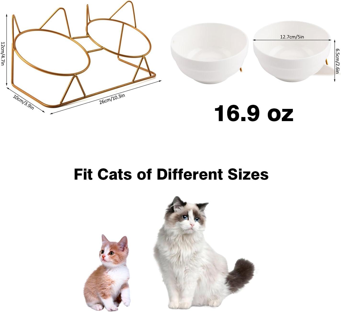 Double White Ceramic Pet Bowls with Gold Tilted Stand