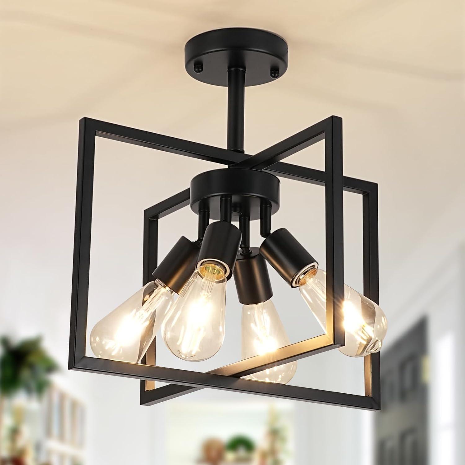 Matte Black 4-Light Industrial Farmhouse Ceiling Fixture