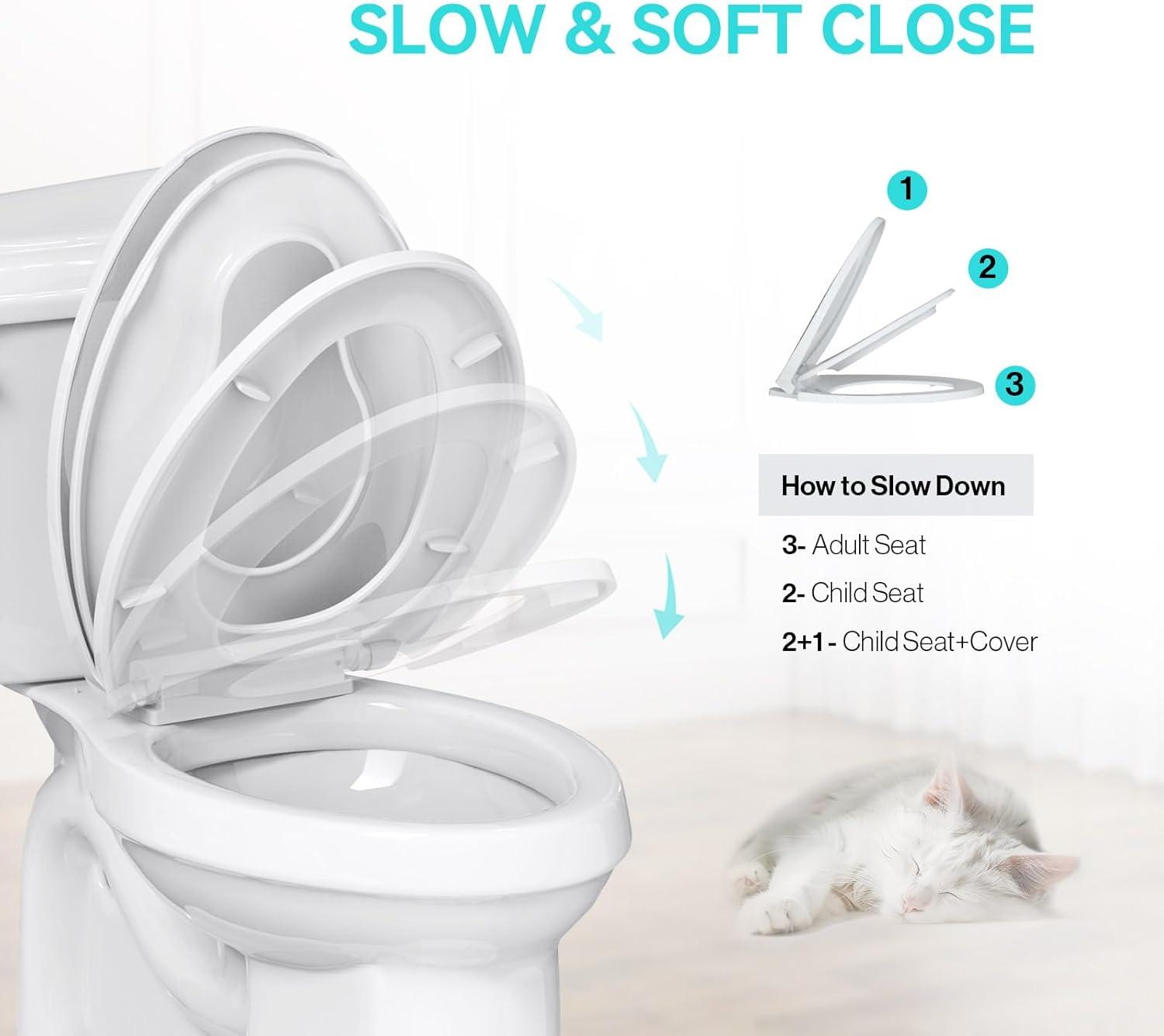 Danolapsi Elongated Toilet Seat with Built in Potty Training Seat,Quiet-Close Lid and Seat,Never Loosen,Potty Training Toilet Seat for Toddlers,Quick-Attach Hardware,Fits both Adult and Child