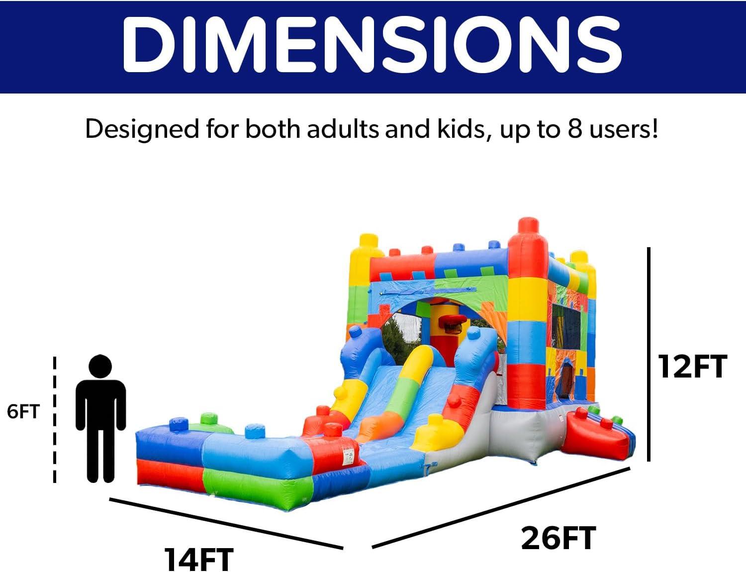 HeroKiddo Block Party Inflatable Water Slide Lightweight Premium Bounce House Combo with Detachable Pool with Air Blower Commercial Grade for Kids and Adults Basketball Hoop Outdoor Backyard Wet Dry