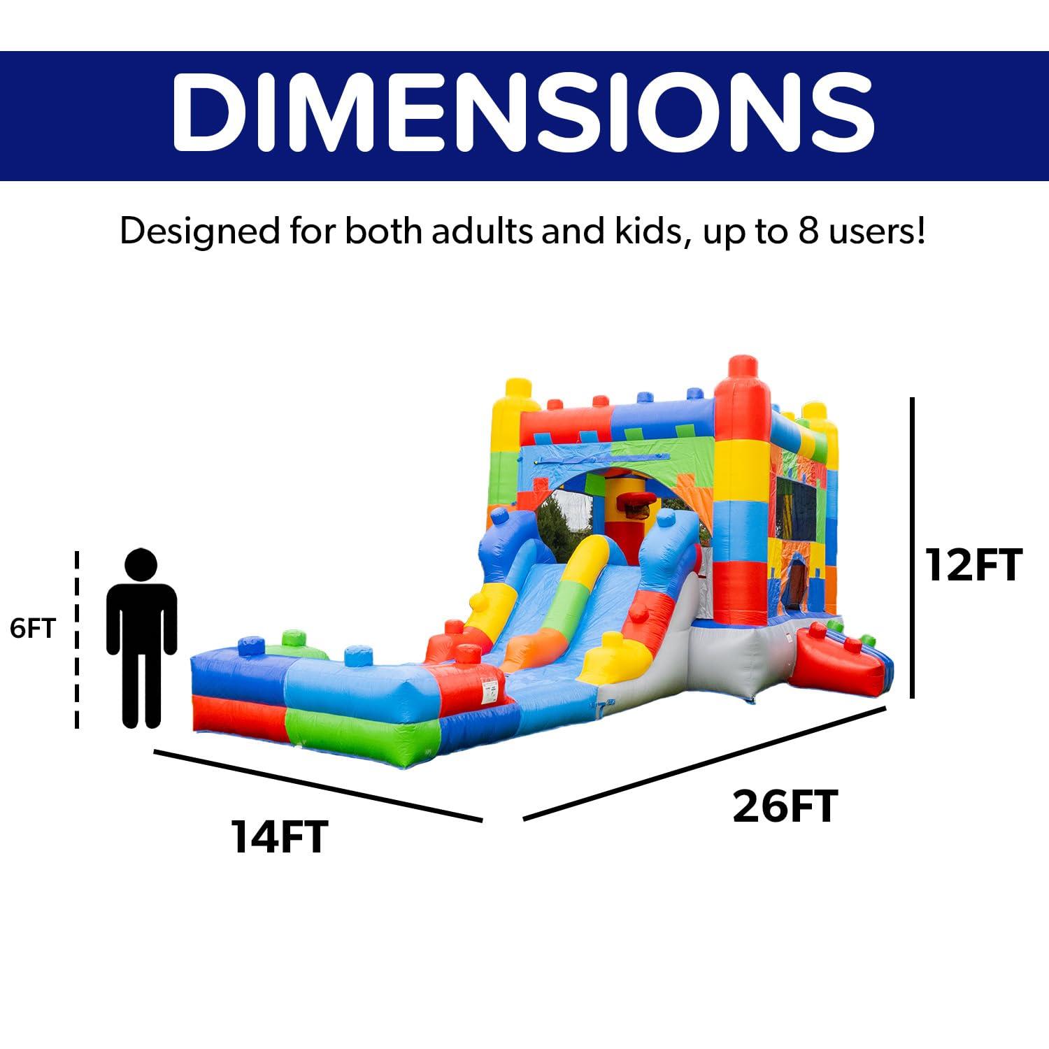 HeroKiddo Block Party Inflatable Water Slide Lightweight Premium Bounce House Combo with Detachable Pool with Air Blower Commercial Grade for Kids and Adults Basketball Hoop Outdoor Backyard Wet Dry