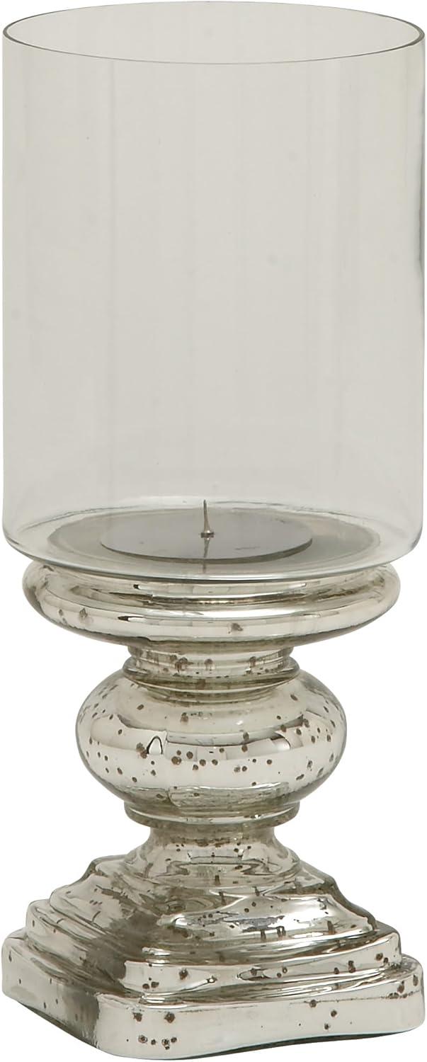 DecMode Silver Glass Handmade Turned Style Pillar Hurricane Lamp with Faux Mercury Glass Finish