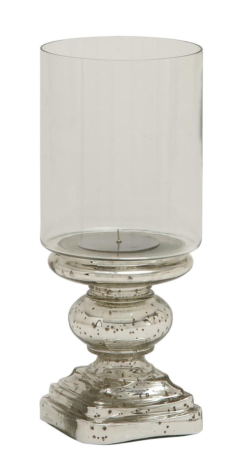 DecMode Silver Glass Handmade Turned Style Pillar Hurricane Lamp with Faux Mercury Glass Finish