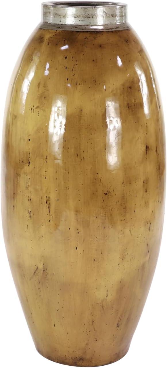 Tall Brown Ceramic Floor Vase with Silver Rim