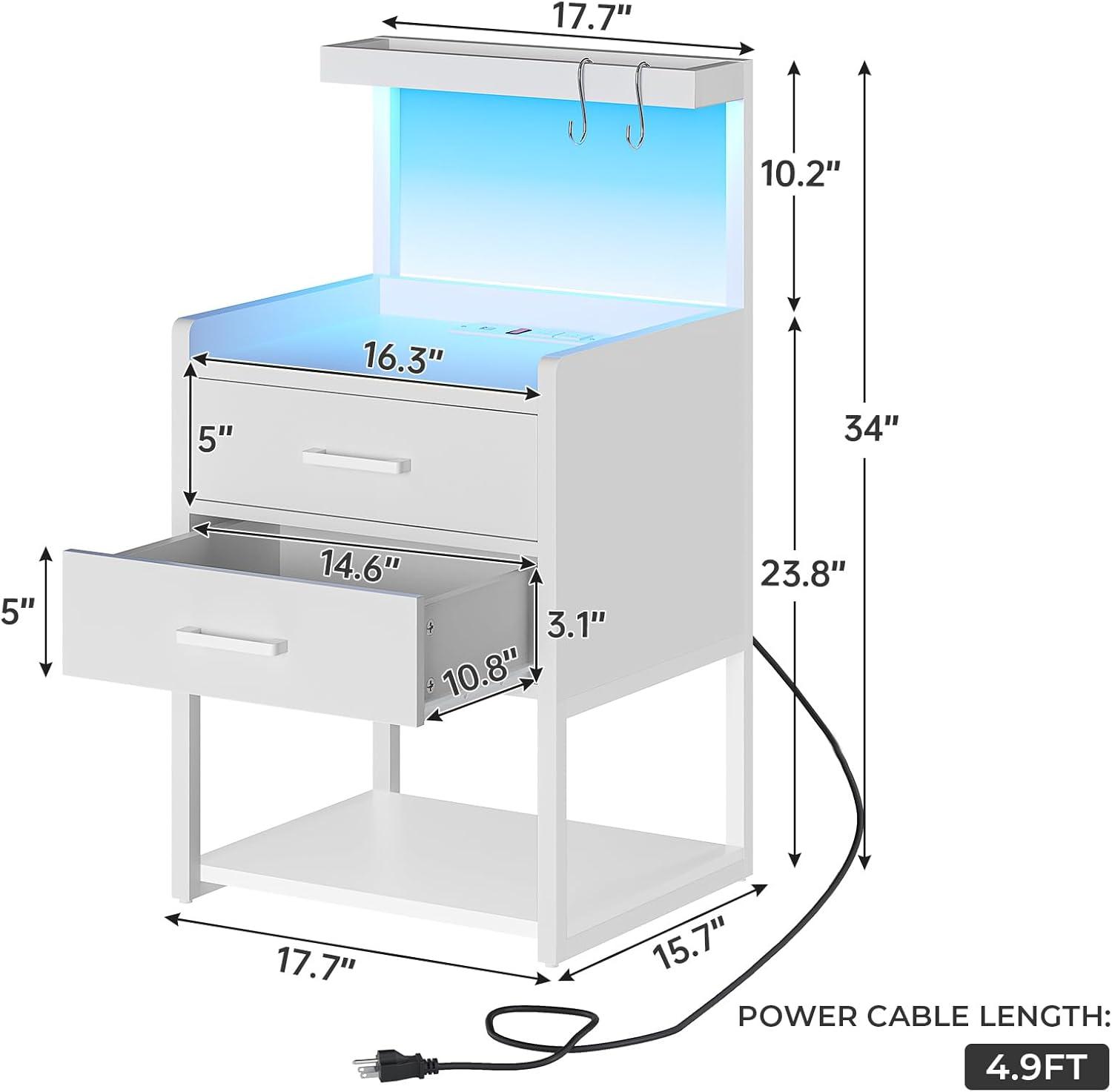 Nightstand with LED Lights and Charging Station, 2 Drawers Bedroom Night Stand, 2 USB Ports, 2 Outlets, Bed Side Table with Storage Shelves, White