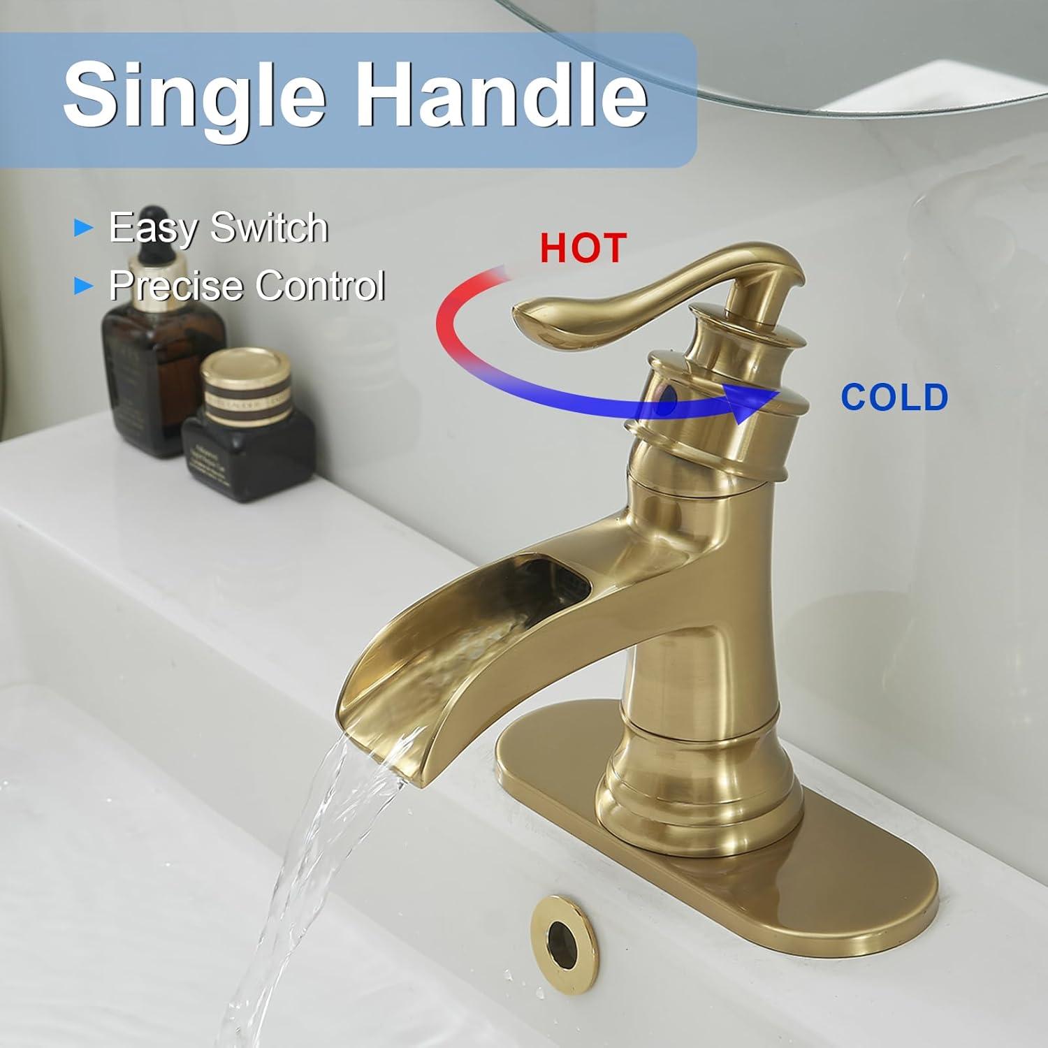 Brushed Gold Waterfall Single Handle Bathroom Faucet