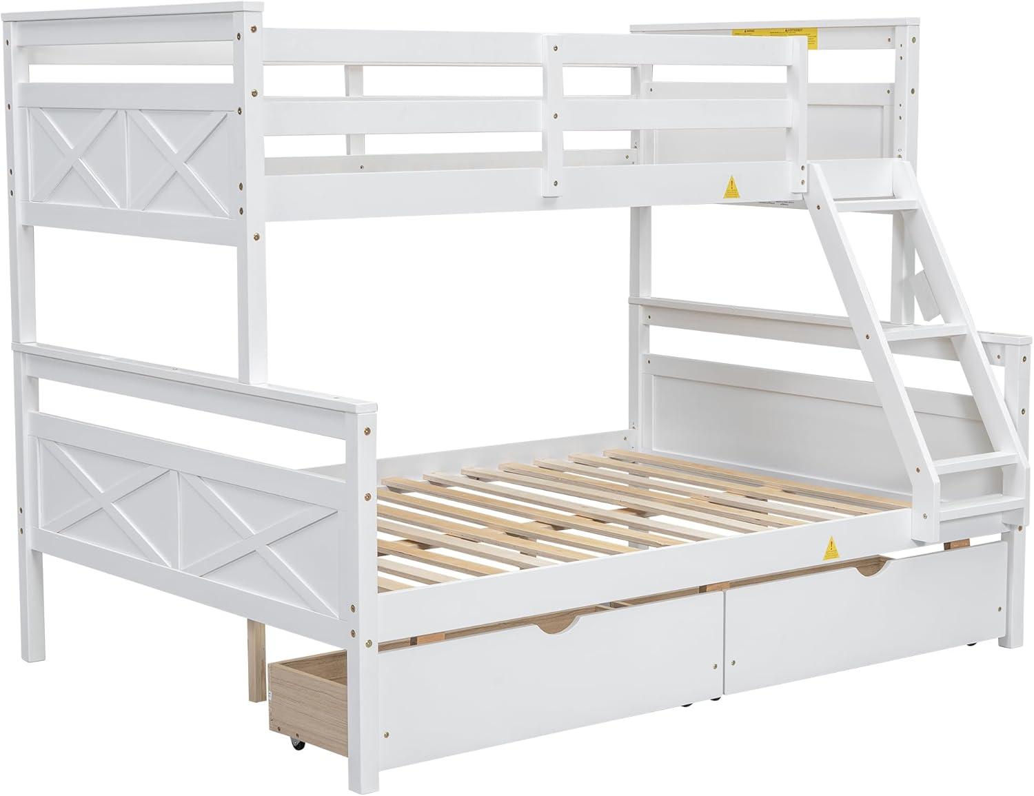 Merax Twin Over Full Bunk Bed with 2 Storage Drawers,Solid Wood Bunk Bed with Ladder and Safety Guardrail for Bedroom Kids Adults, Can be Separated into 2 Beds,White