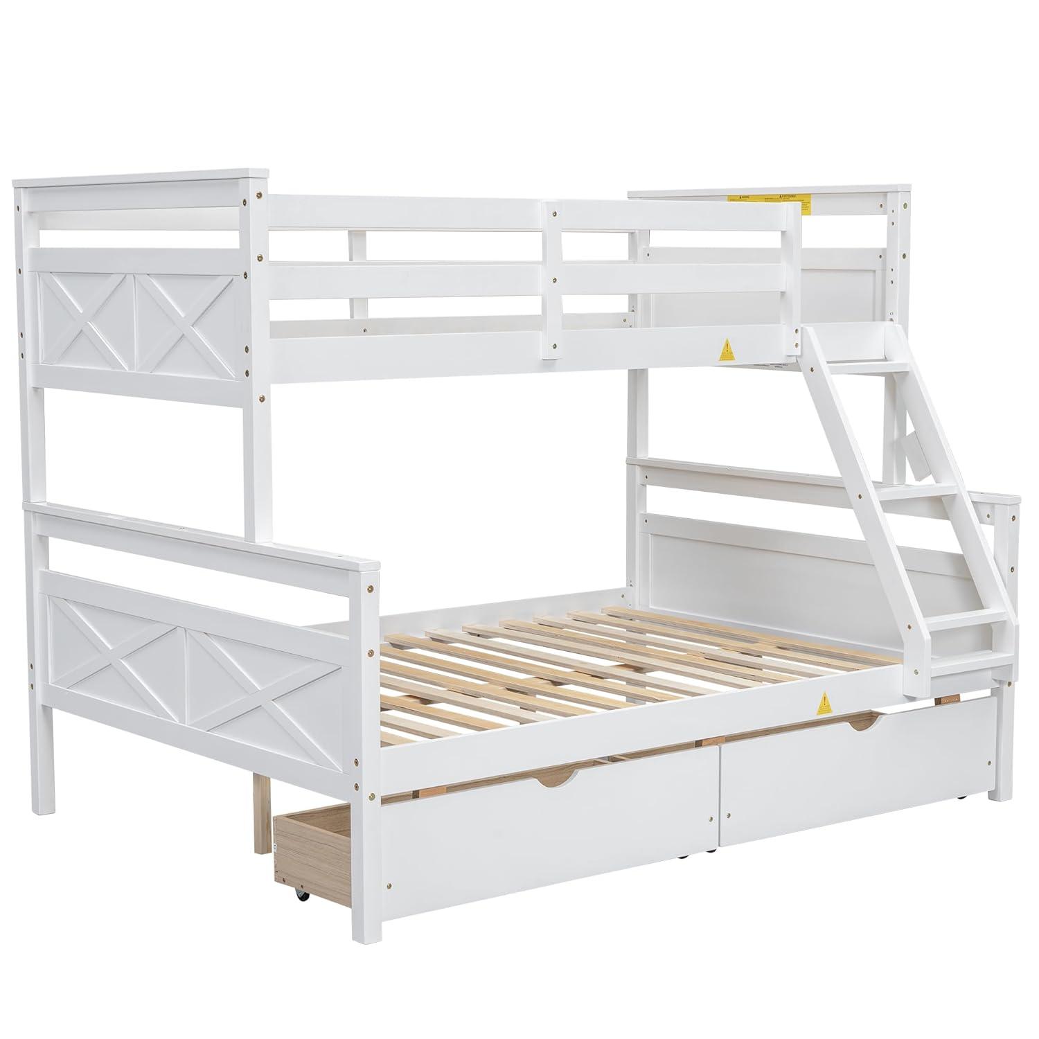 Merax Twin Over Full Bunk Bed with 2 Storage Drawers,Solid Wood Bunk Bed with Ladder and Safety Guardrail for Bedroom Kids Adults, Can be Separated into 2 Beds,White