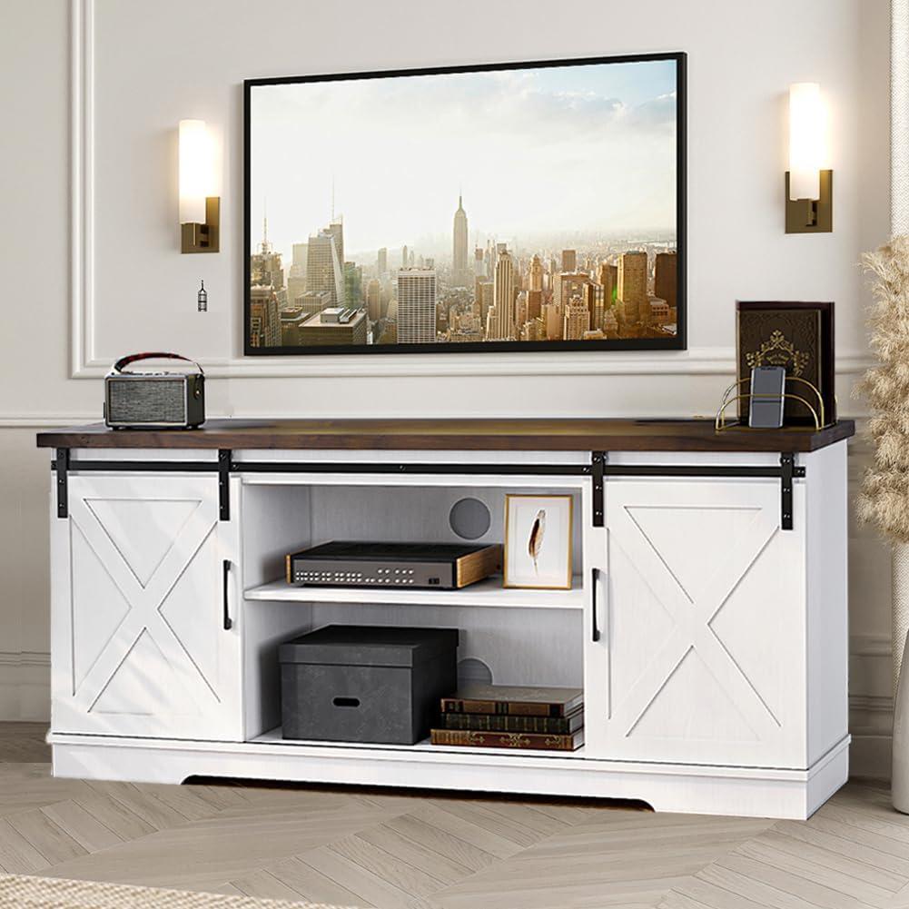 Barn Door TV Stand with Storage and Shelves, Entertainment Center for 65 Inch TV Media Console Table, Modern TV Console Cabinet Furniture