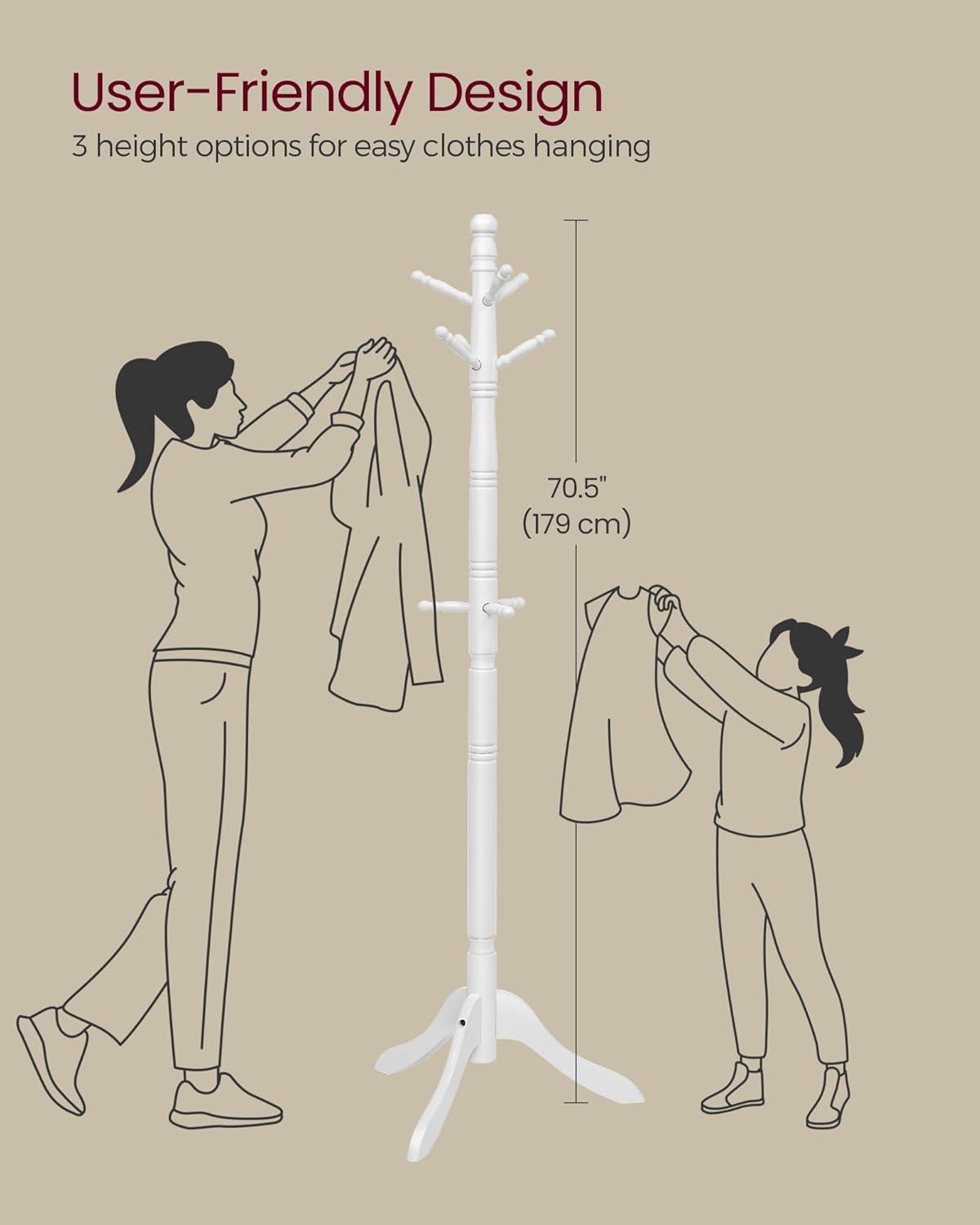 VASAGLE Coat Rack, Solid Wood Coat Stand, Free Standing Hall Coat Tree with 10 Hooks, White