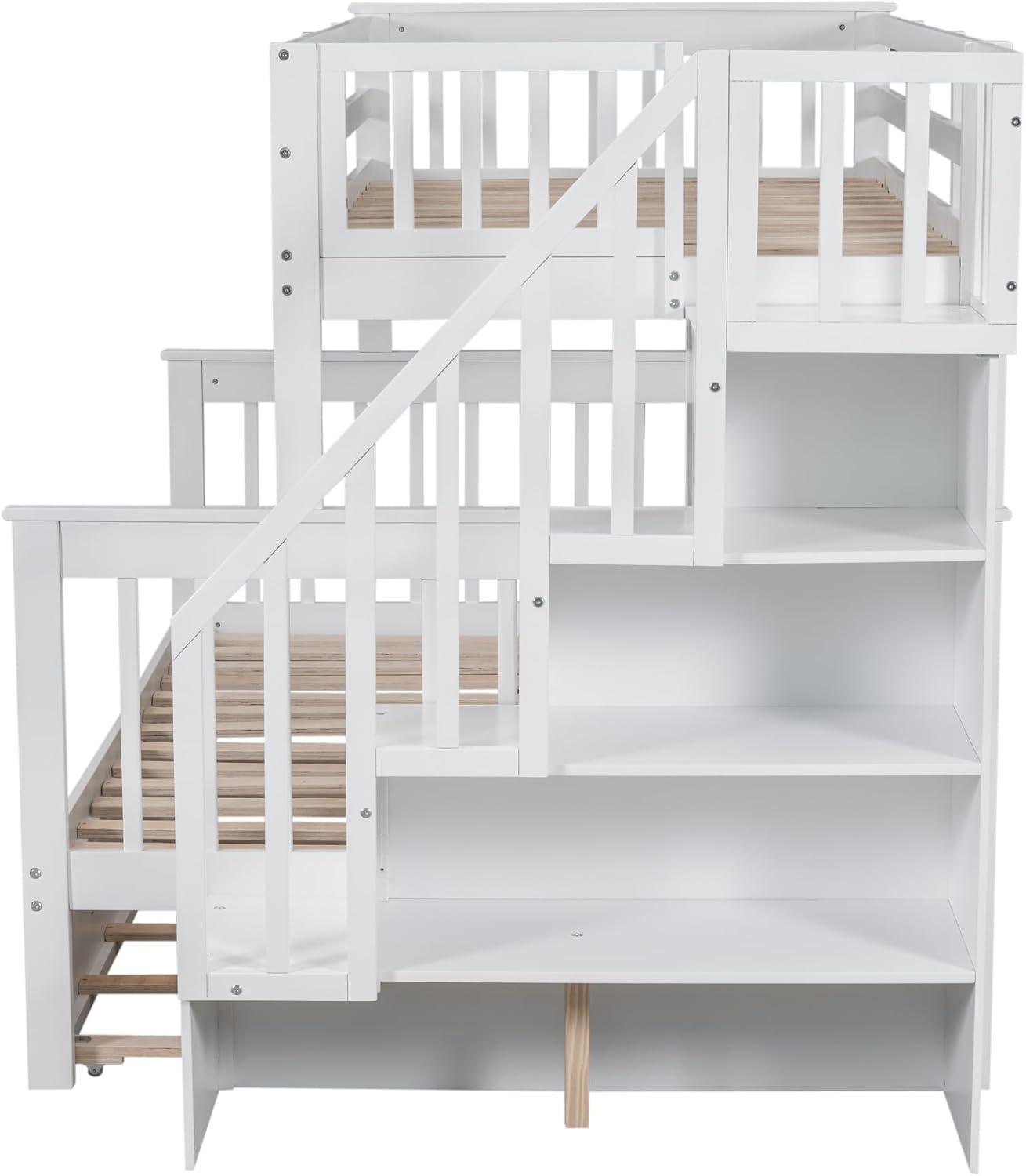 CITYLIGHT Bunk Bed Twin Over Full with Trundle, Bunk Beds with Stairs and Open Shelves, Wooden Stairway Bunk Bed for Kids, Teens,Bedroom, Dorm(White,Twin Over Full)