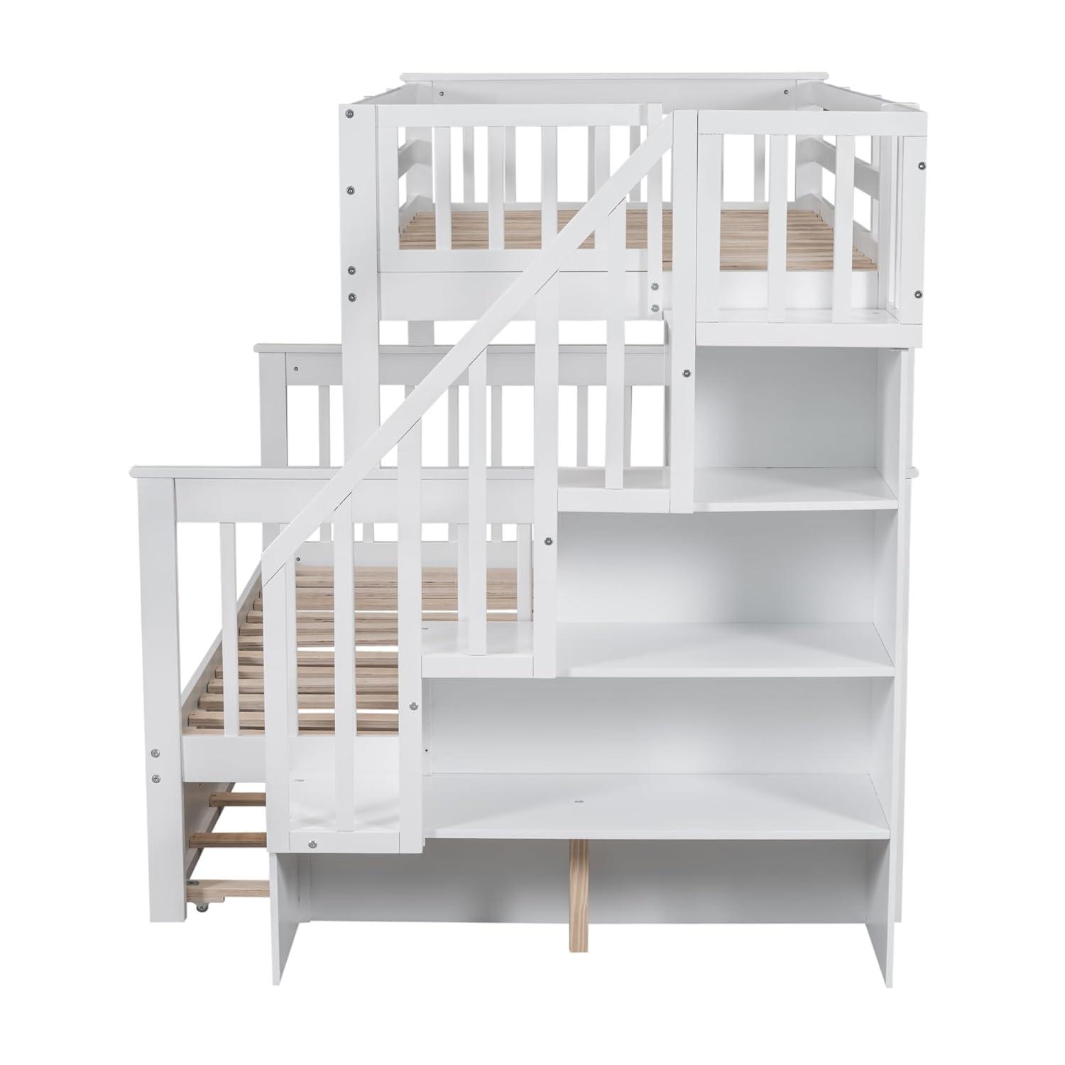 CITYLIGHT Bunk Bed Twin Over Full with Trundle, Bunk Beds with Stairs and Open Shelves, Wooden Stairway Bunk Bed for Kids, Teens,Bedroom, Dorm(White,Twin Over Full)