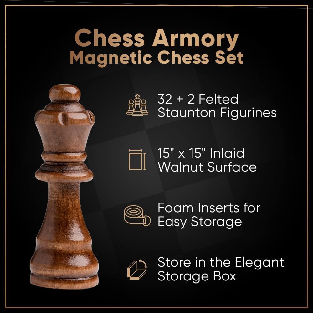 Chess Armory 15" Magnetic Wooden Chess Set with Extra Queens & Storage Box - Perfect for Adults & Kids