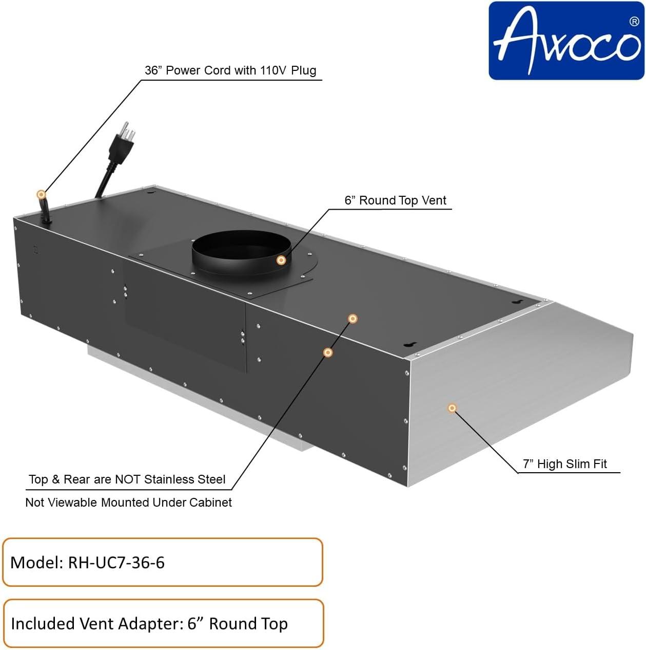 Awoco 36" Stainless Steel 900 CFM Ducted (Vented) Under Cabinet Range Hood with Baffle Filter