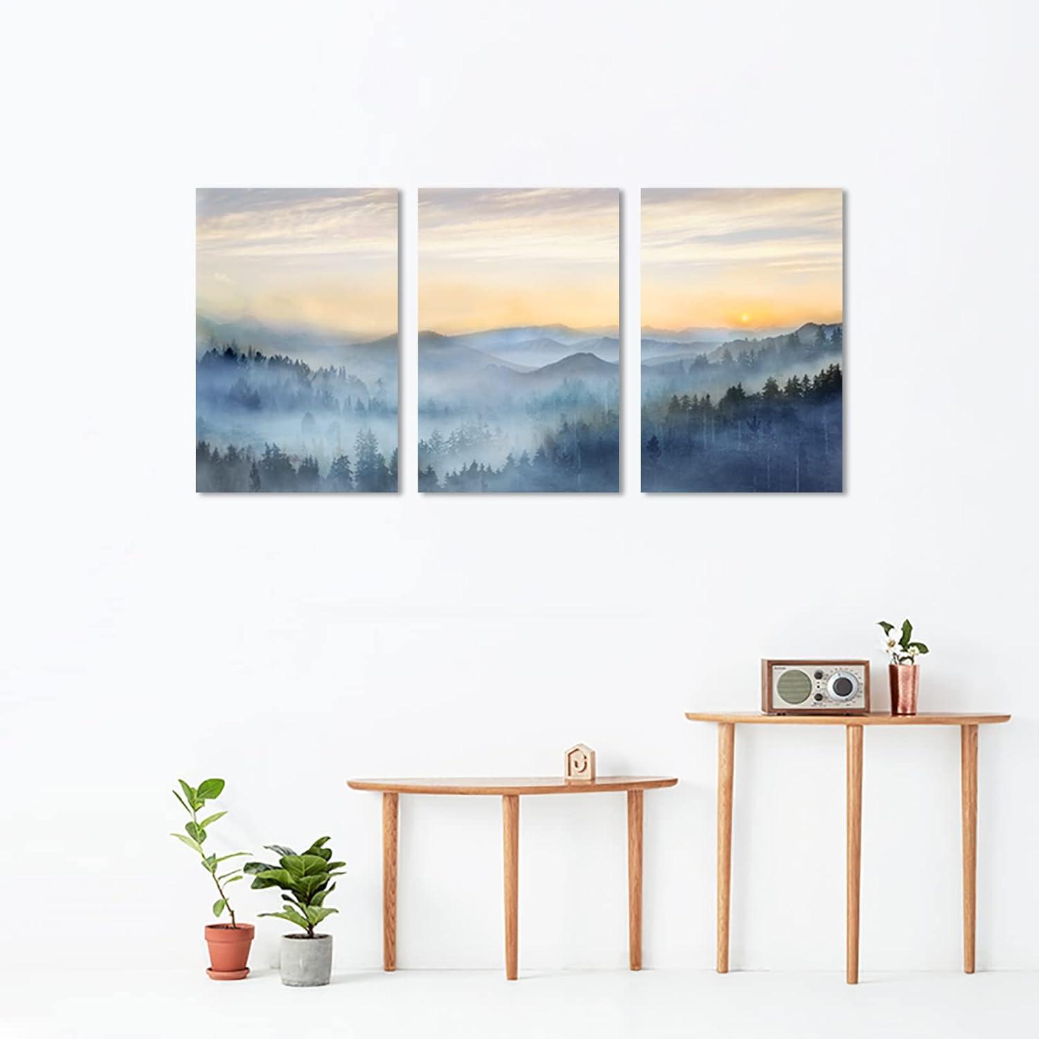 Wall Decor for Bedroom 3 Panel Sunrise Misty Forest Print Picture Paintings Wall Art for Living Room Bathroom Framed Canvas Artwork Modern Room Wall Decorations Size 16x24 x 3 Piece Ready to Hang