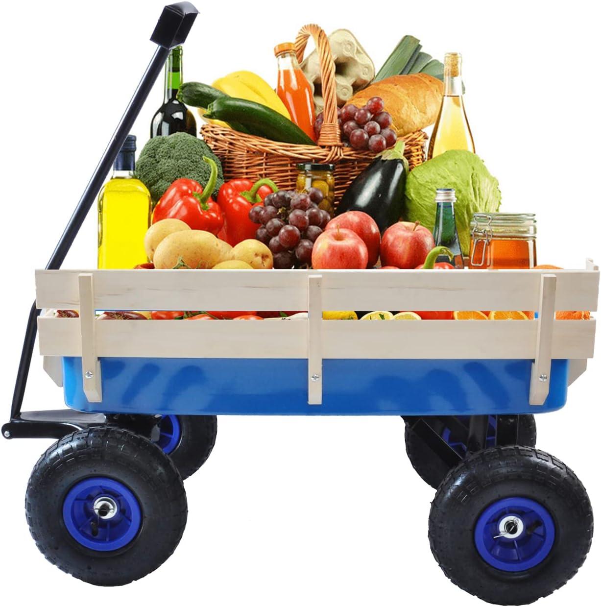 Outdoor Wagon Cart All Terrain Pulling Garden, Garden Cart Steel Hand Cart with Removable Wooden Railing & Air Tires, Big Foot Panel Wagon Children Pull-Along Wagon with Extra-long Handle, Blue