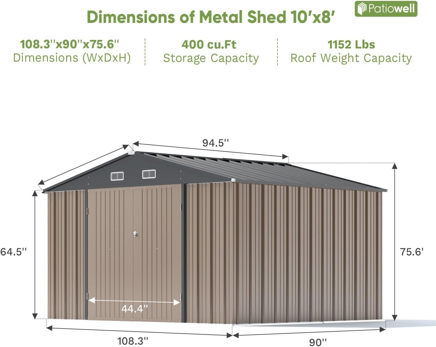 Patiowell 10' x 8' Outdoor Storage Shed with Floor Frame Kit, Metal Garden Tool Shed with Design of Lockable Doors, Utility and Tool Storage for Garden, Backyard, Patio, and Outside Use, Brown