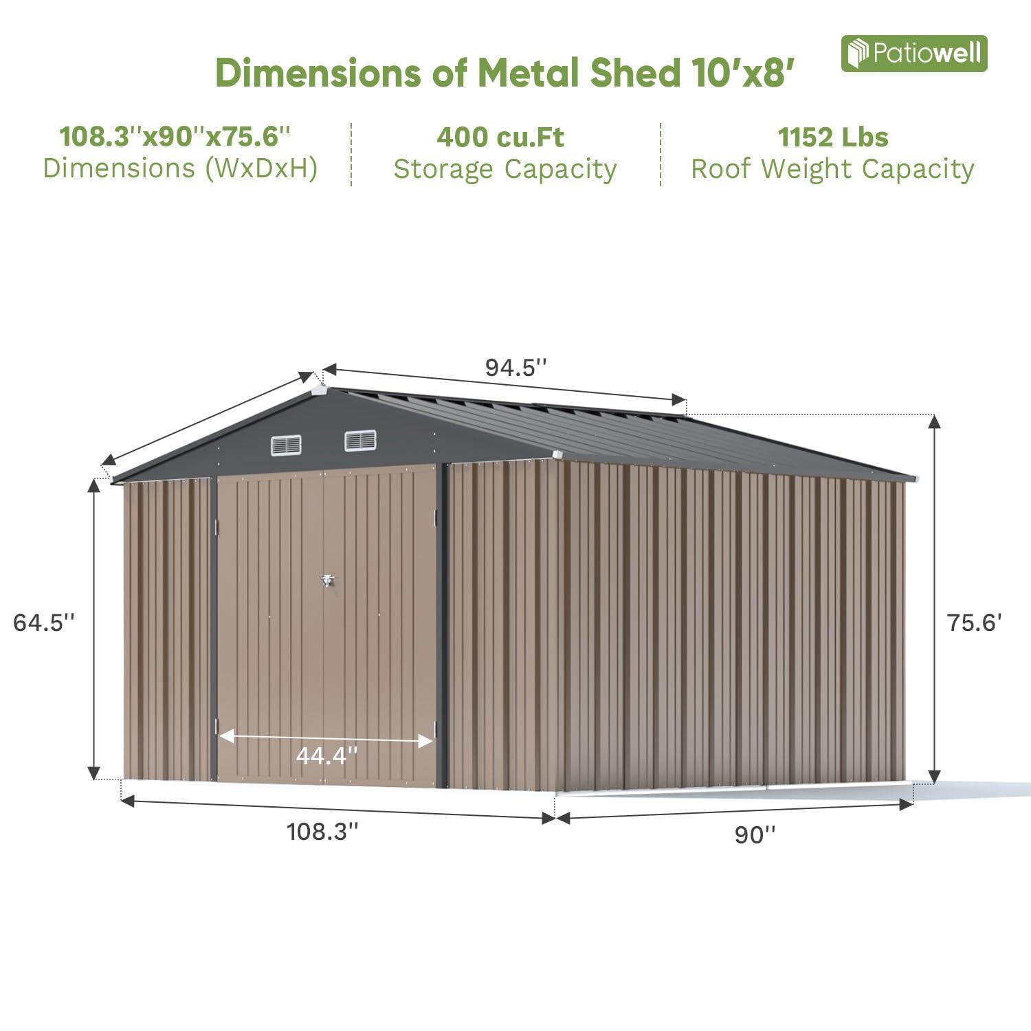 Patiowell 10' x 8' Outdoor Storage Shed with Floor Frame Kit, Metal Garden Tool Shed with Design of Lockable Doors, Utility and Tool Storage for Garden, Backyard, Patio, and Outside Use, Brown