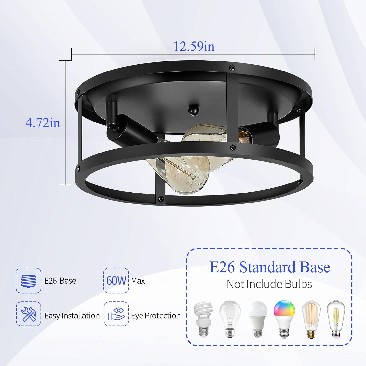 2 Pack Black Farmhouse Flush Mount Ceiling Light,2-Light Rustic Hallway Lighting Fixtures,Industrial Light Fixtures Ceiling Mount for Kitchen Hall Entry Bedroom Closet