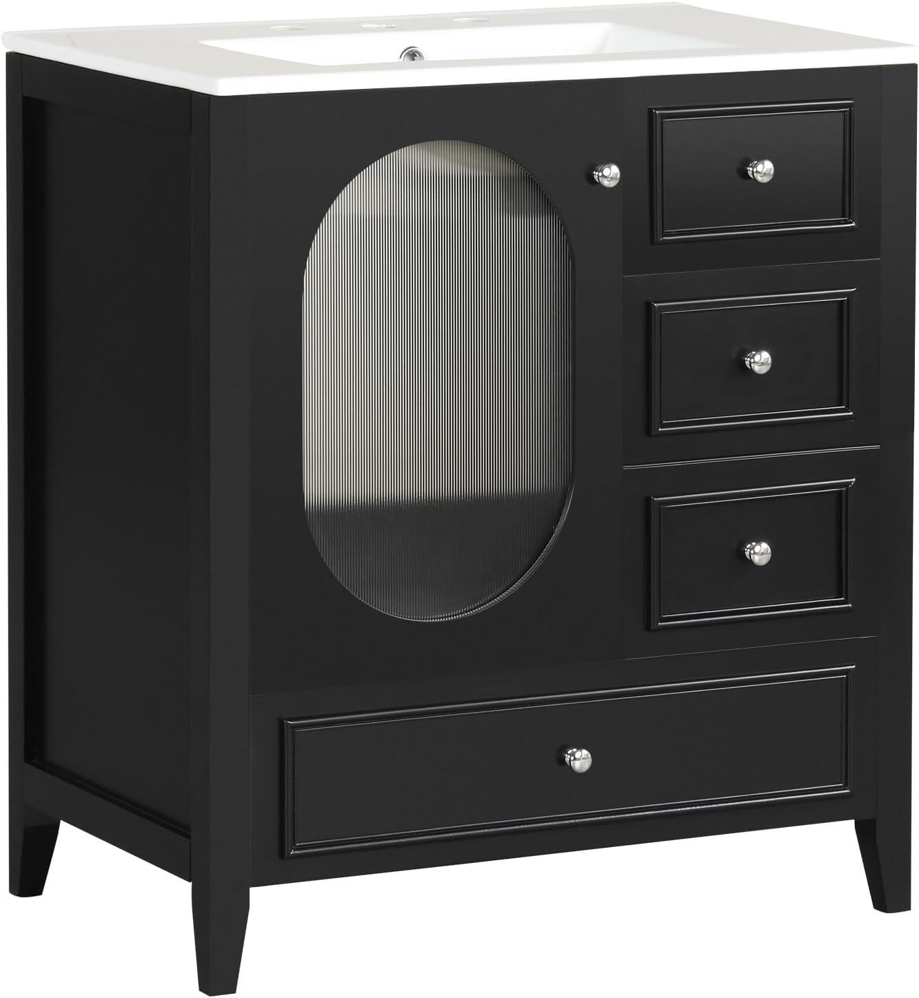 Black 30" Freestanding Bathroom Vanity with Ceramic Sink and Glass Door