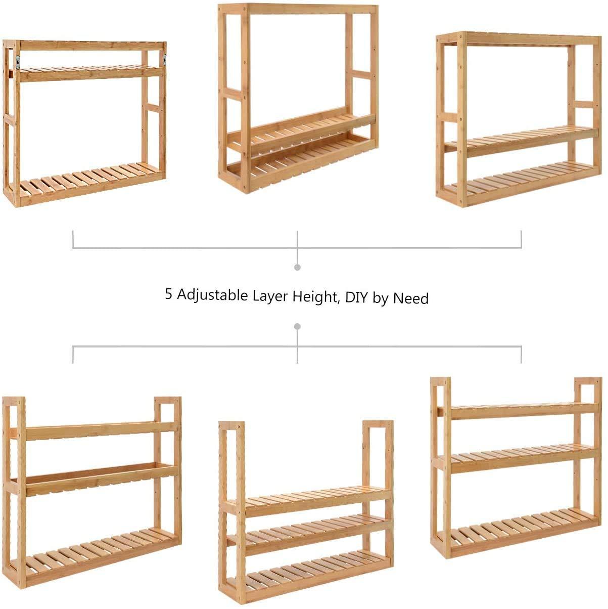 Domax Bamboo Bathroom Shelf 3-Tier Wall Mount Storage Rack Multifunctional Adjustable Layer Free Standing Over Toilet Utility Shelves Living Room Kitchen (Bamboo)