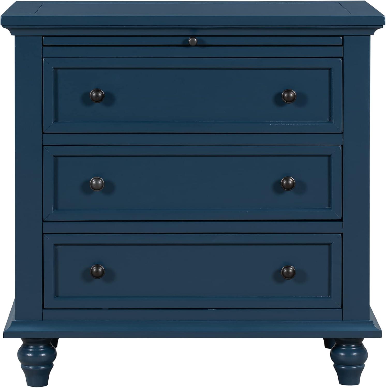 Blue Pine and Manufactured Wood 3-Drawer Nightstand with Pull-Out Tray