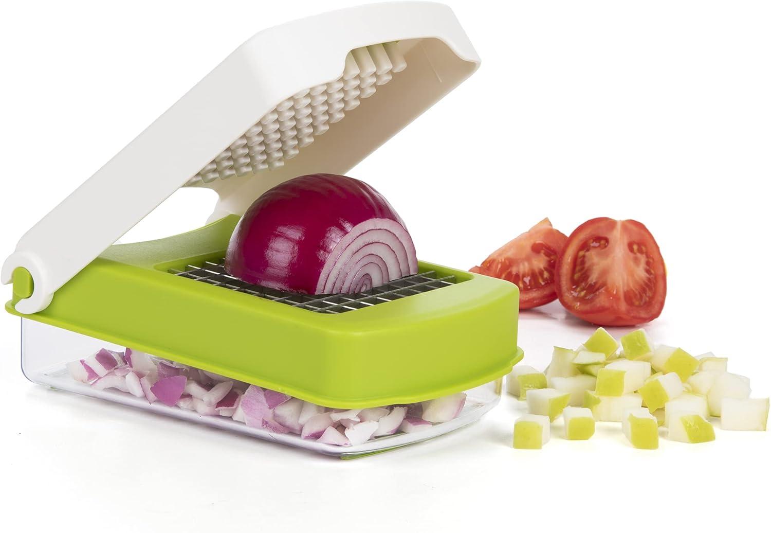 Prepworks Compact Veggie Chopper: Manual Food Chopper & Slicer, Stainless Steel Blade, Dishwasher-Safe, Green/White/Clear