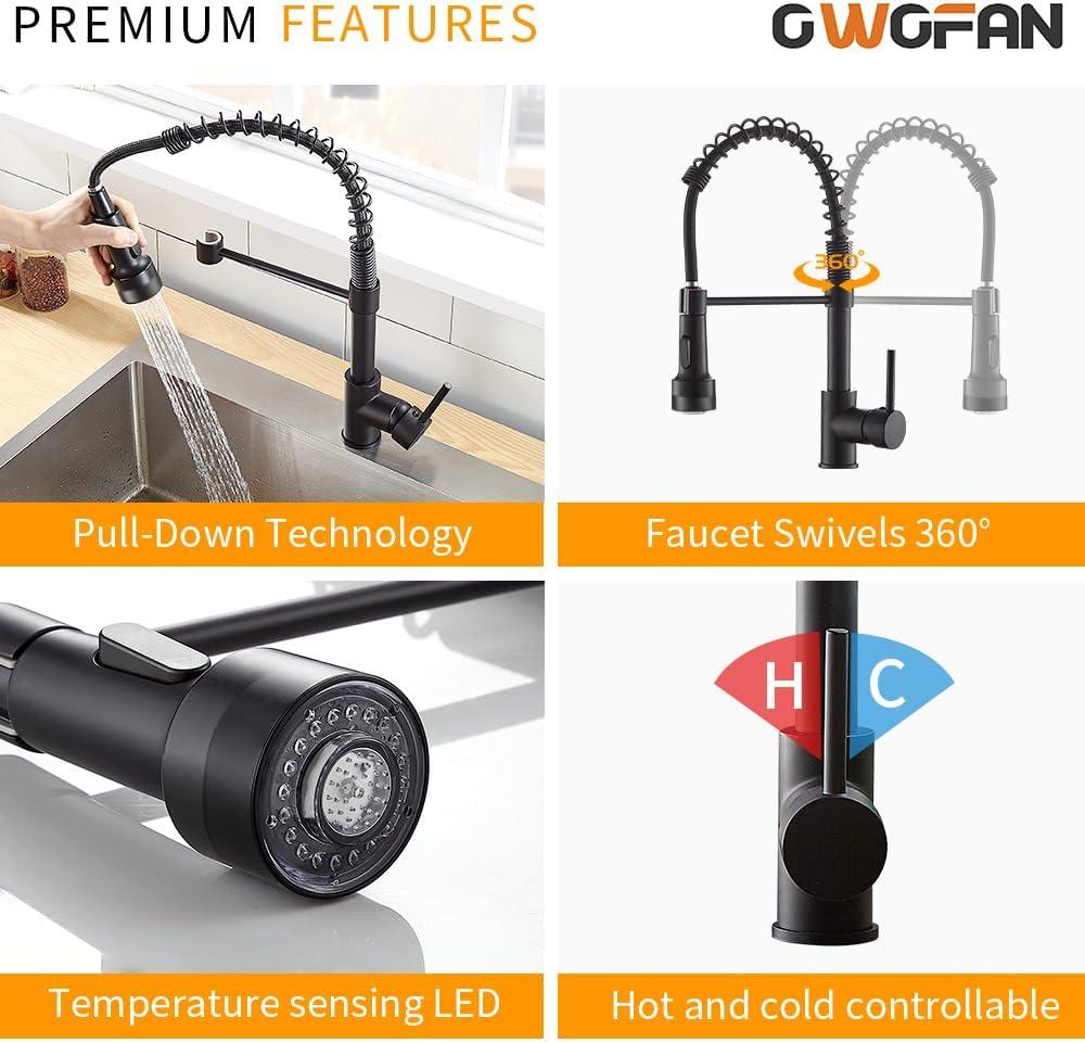 Matte Black LED Kitchen Faucet with Pull Down Sprayer and Soap Dispenser