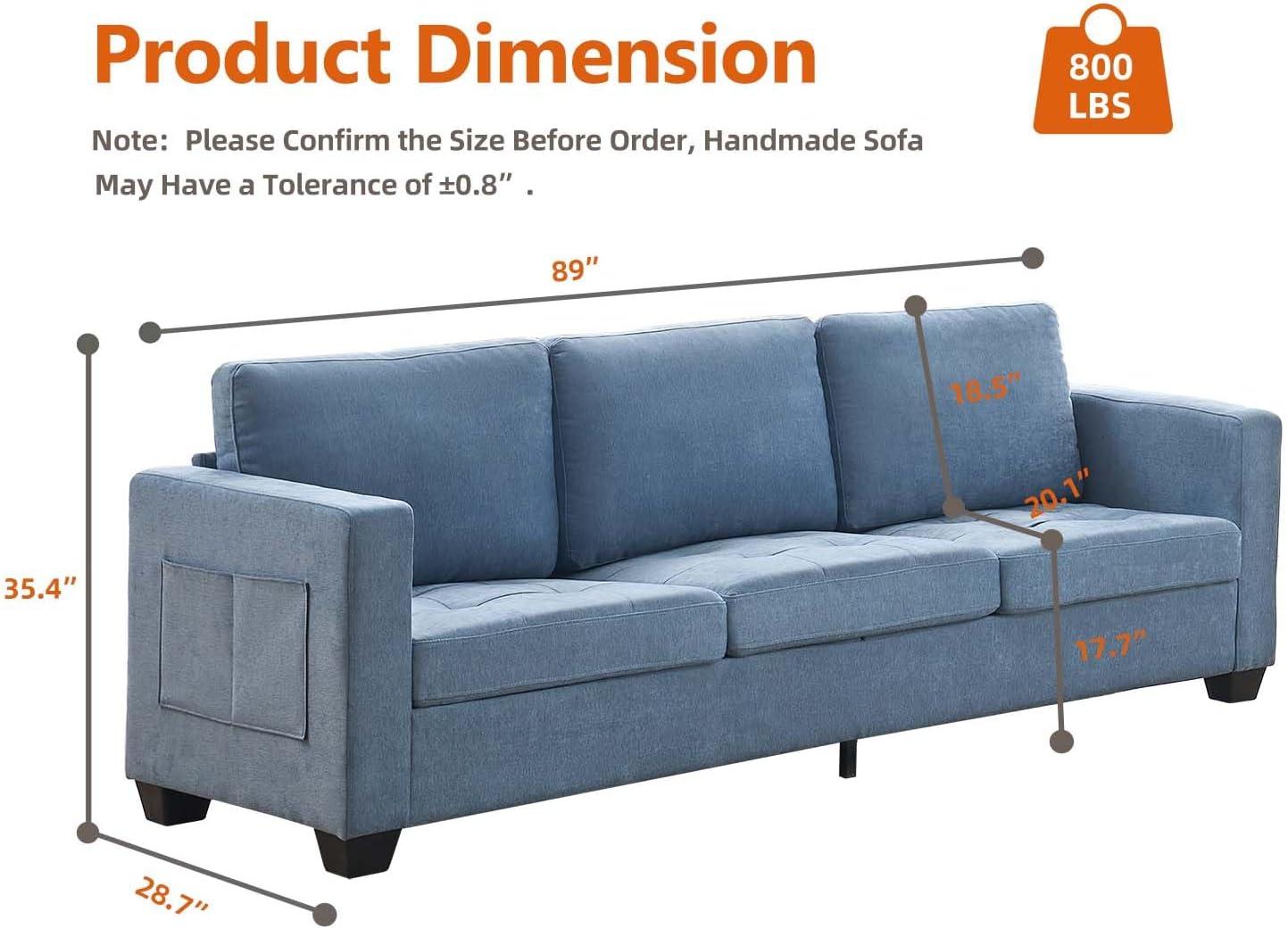 3 Seat Sofa Couch, 89" Modern Sofa with Armrests, Comfy Couch Sofa with Extra Deep Seat Couches for Living Room Bedroom Apartment,Blue