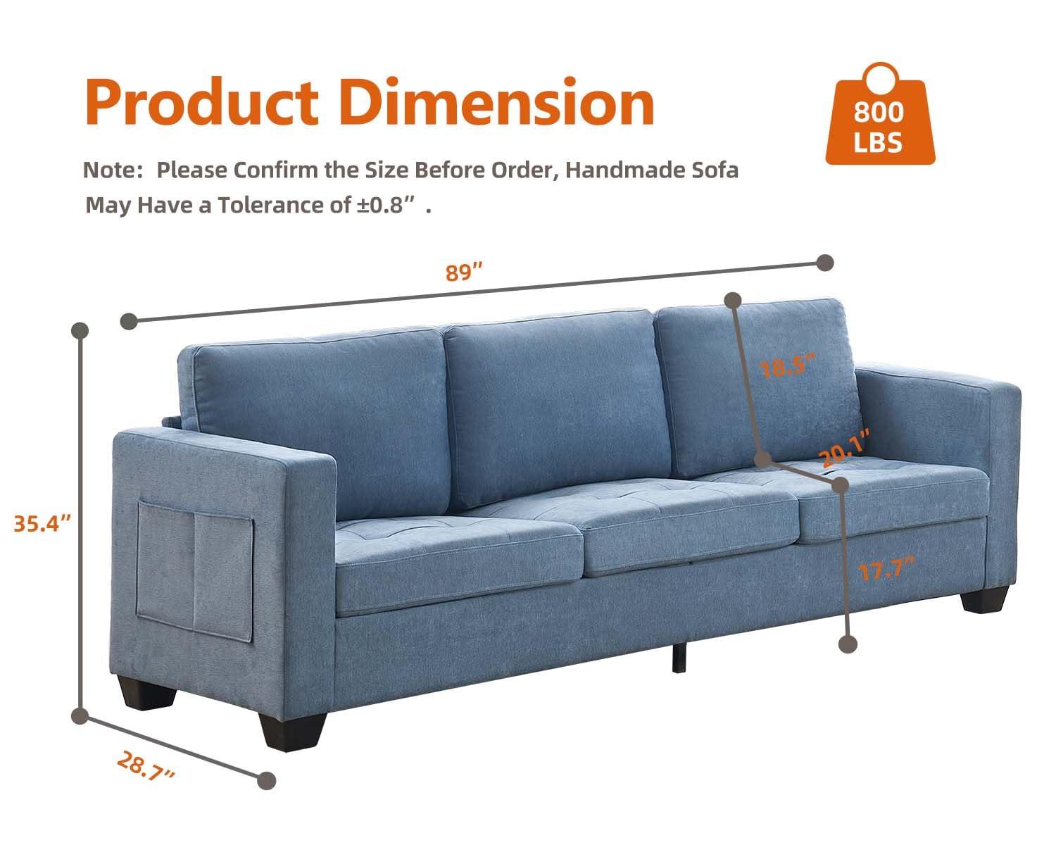 3 Seat Sofa Couch, 89" Modern Sofa with Armrests, Comfy Couch Sofa with Extra Deep Seat Couches for Living Room Bedroom Apartment,Blue