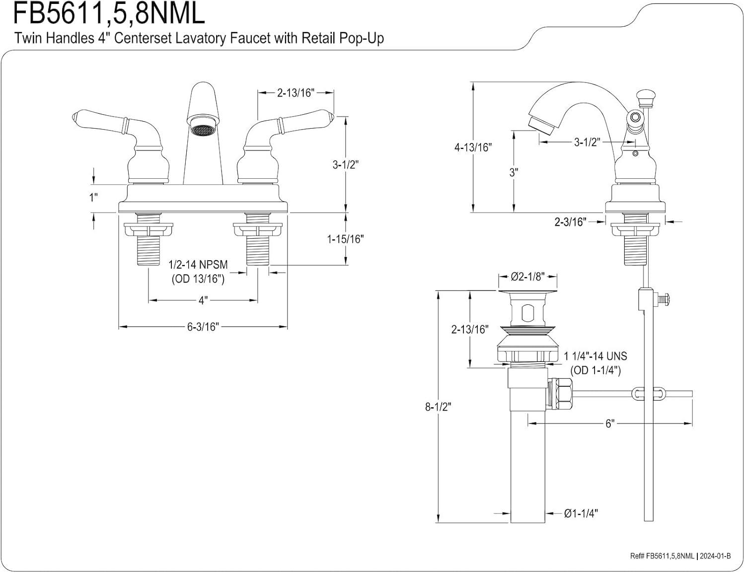 Kingston Brass Kingston Brass Naples Two-Handle 3-Hole Deck Mount 4" Centerset Bathroom Faucet with Plastic Pop-Up FB5615NML