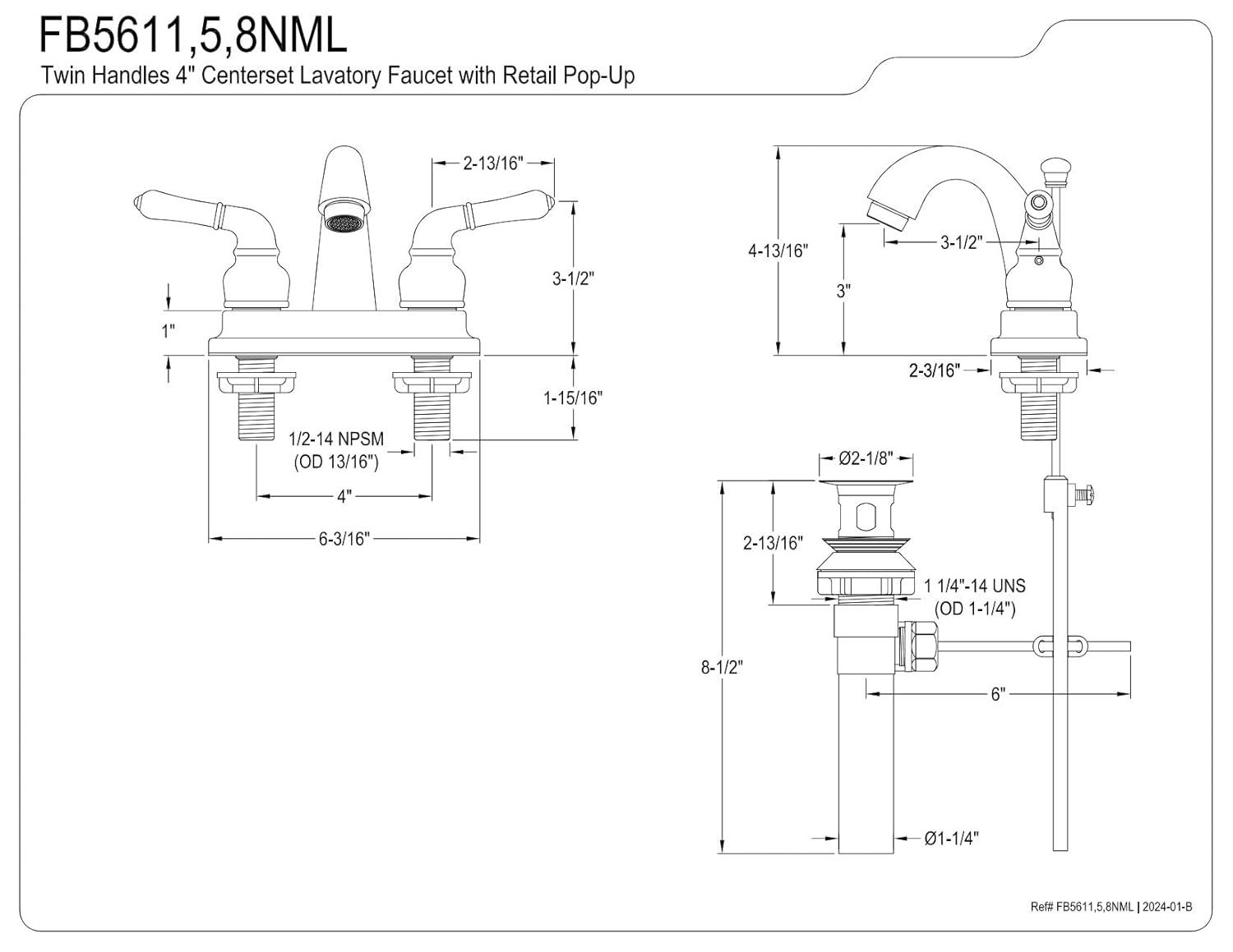 Kingston Brass Kingston Brass Naples Two-Handle 3-Hole Deck Mount 4" Centerset Bathroom Faucet with Plastic Pop-Up FB5615NML