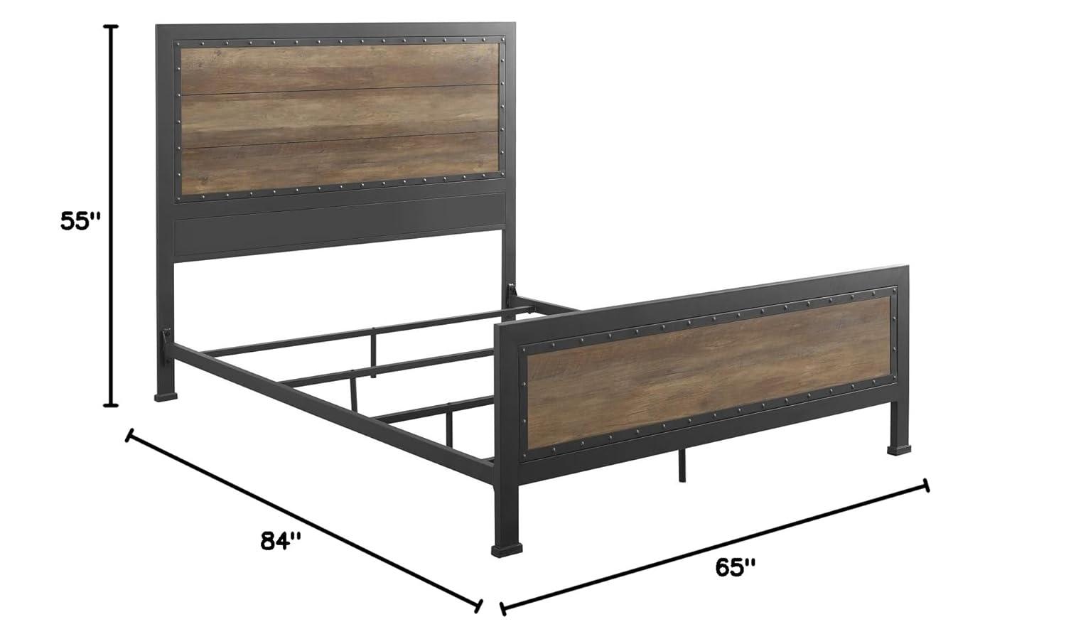 Rustic Oak Queen Bed with Metal Frame and Wood Headboard