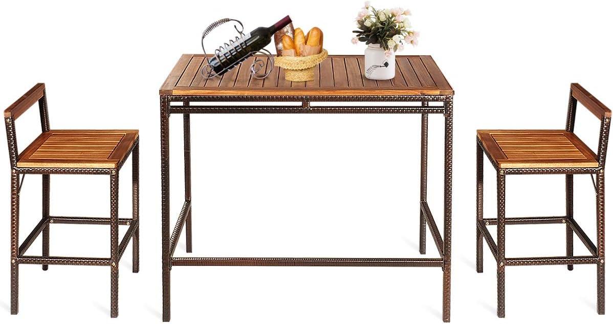 Brown Acacia Wood and Steel 3-Piece Patio Bar Set