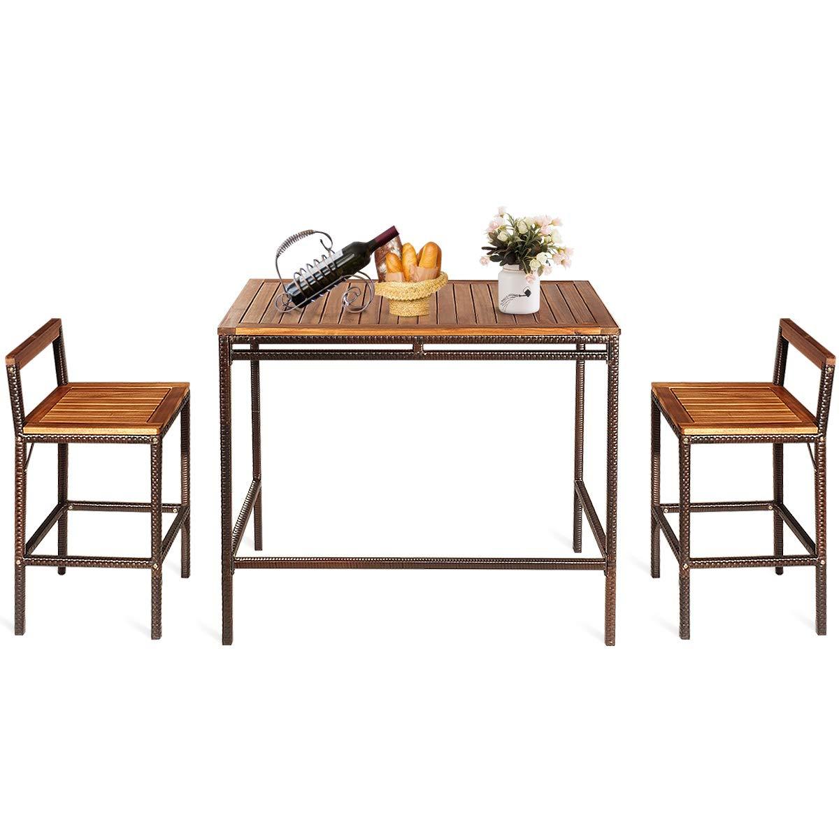 Brown Acacia Wood and Steel 3-Piece Patio Bar Set