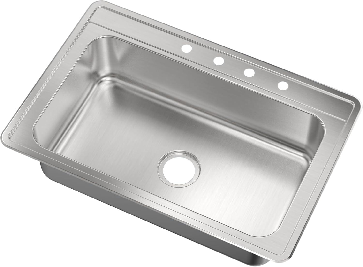 Magnolia Sinks Kitchen Sink Stainless Steel Drop In Top Mount 33" x 22" Single Bowl with Strainer, 4 hole, Self Rimming