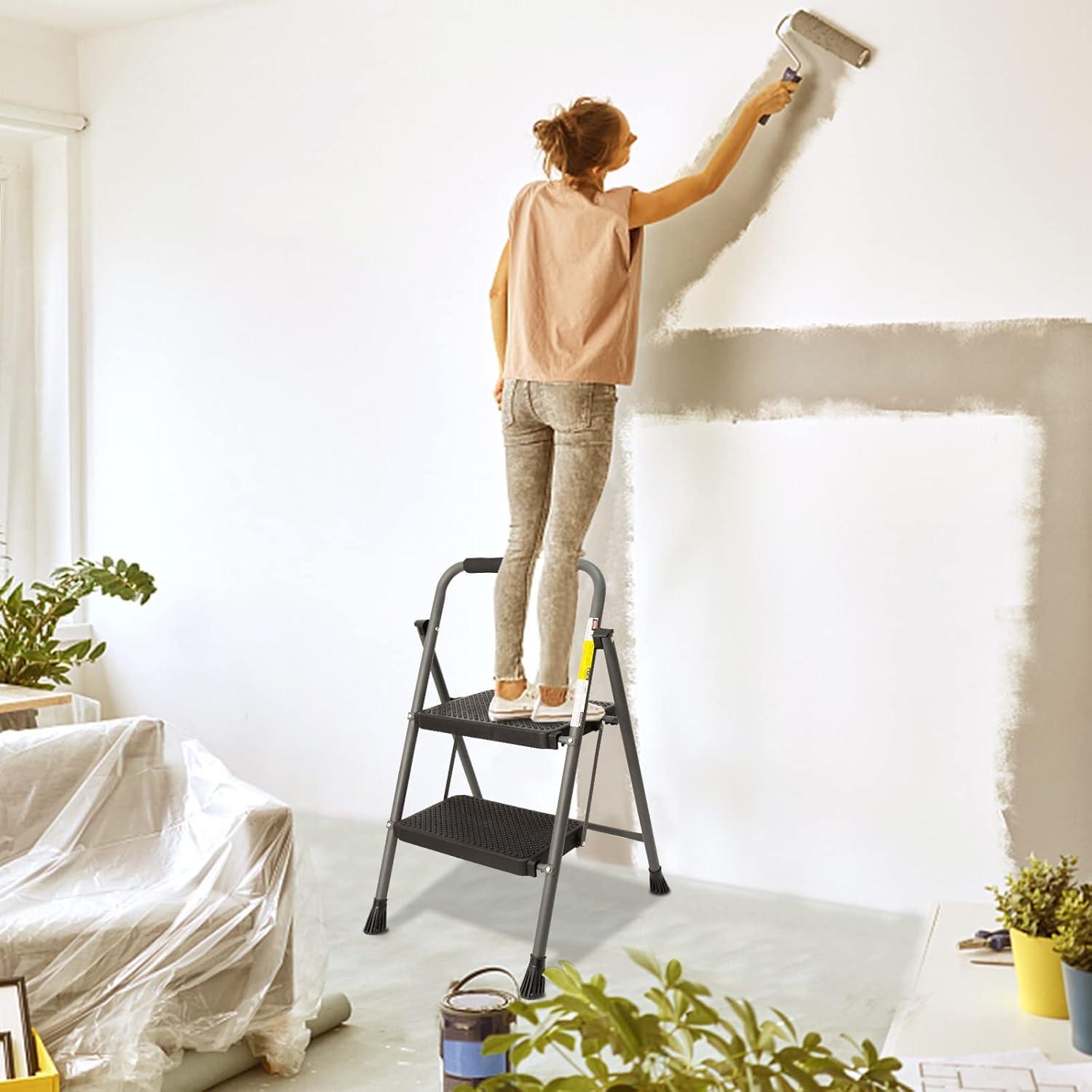 Gray Foldable Steel 2-Step Ladder with Anti-Slip Pedal