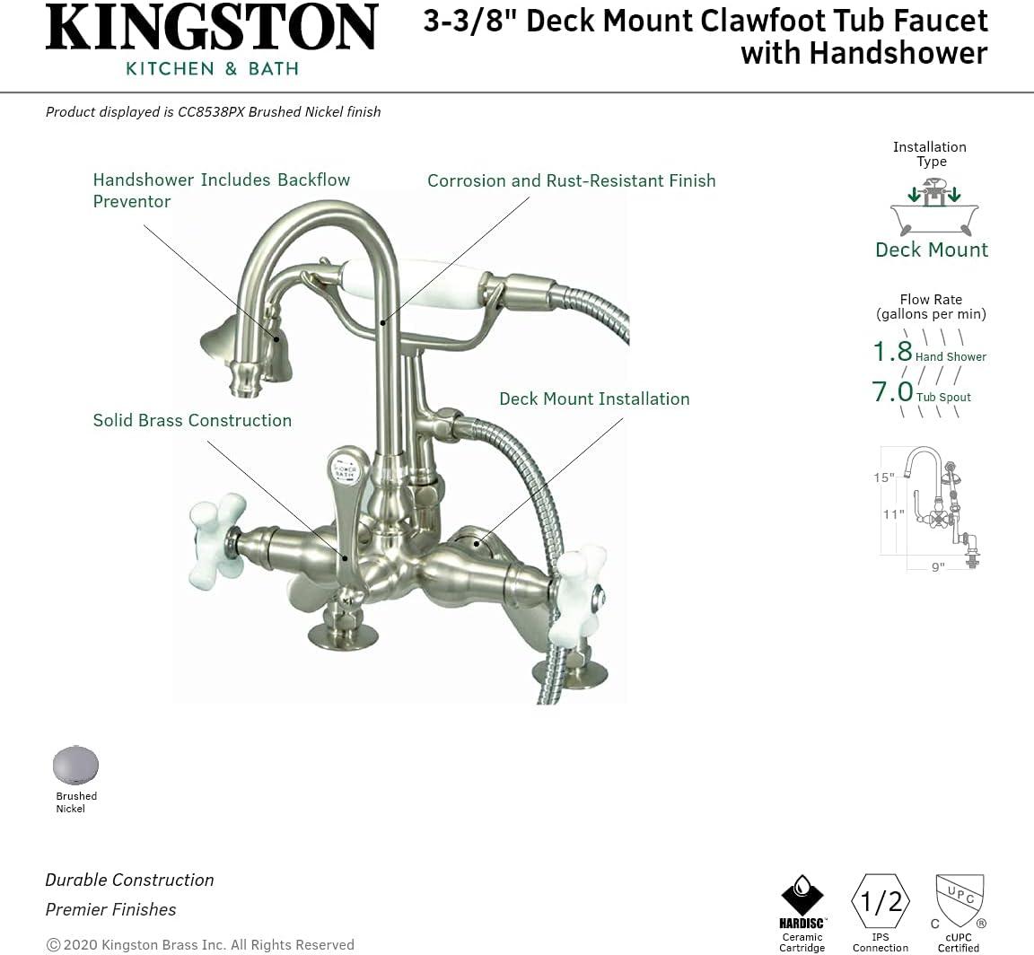 Kingston Brass Three-Handle 2-Hole Deck Mount Clawfoot Tub Faucet with Hand Shower