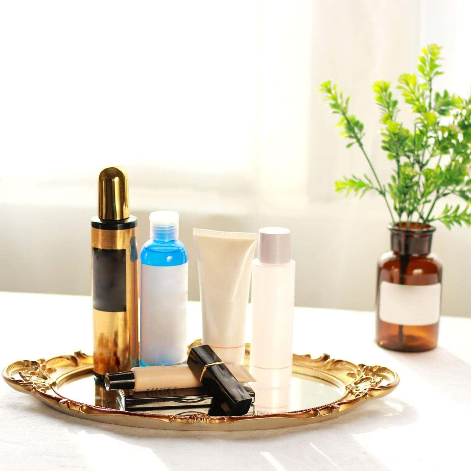 Zosenley Polyresin Ellipse Antique Decorative Mirror Tray, Makeup Organizer, Jewelry Organizer, Serving Tray, 9.8”x 14.6”, Gold